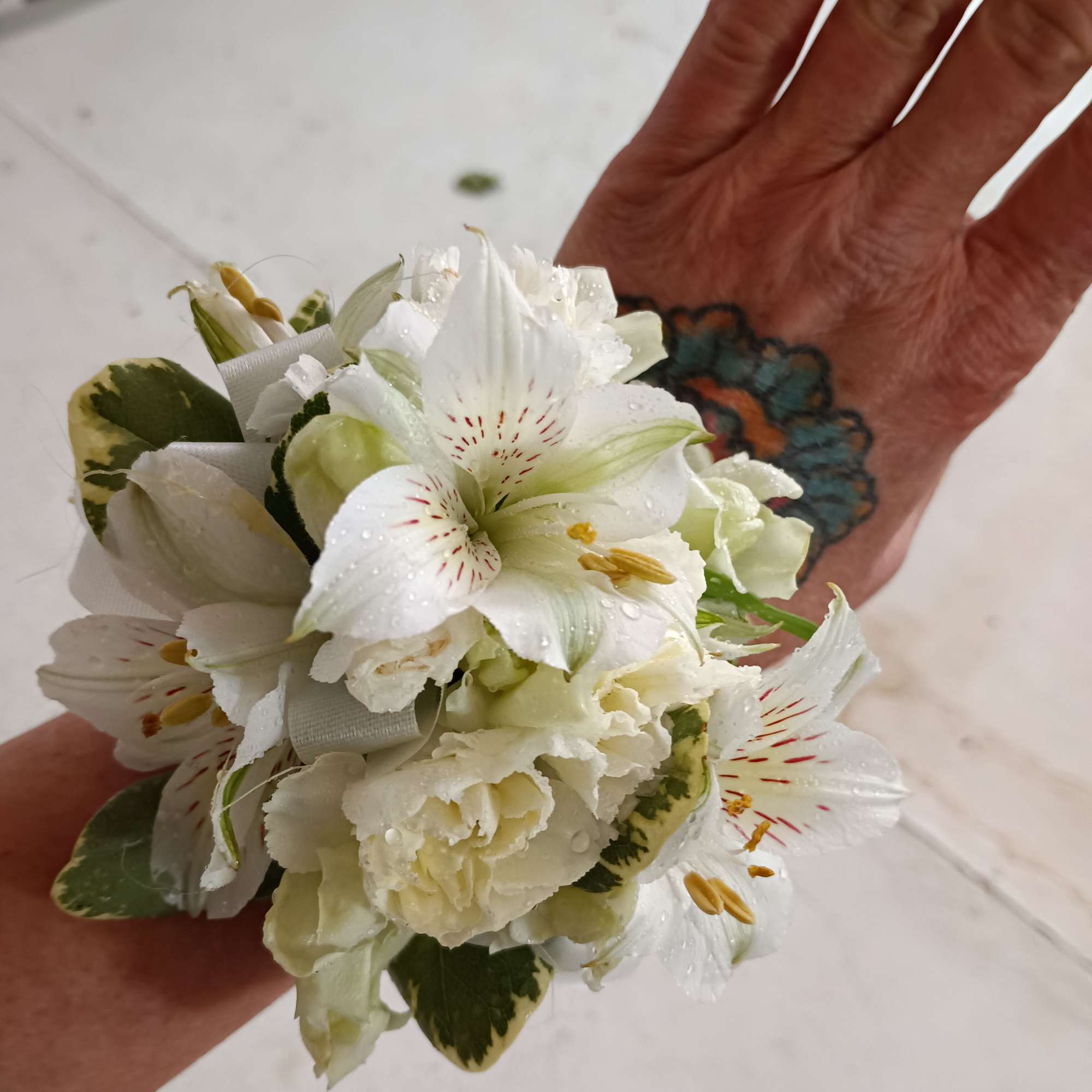 All white alstroemeria, spray carnations and greens corsage
