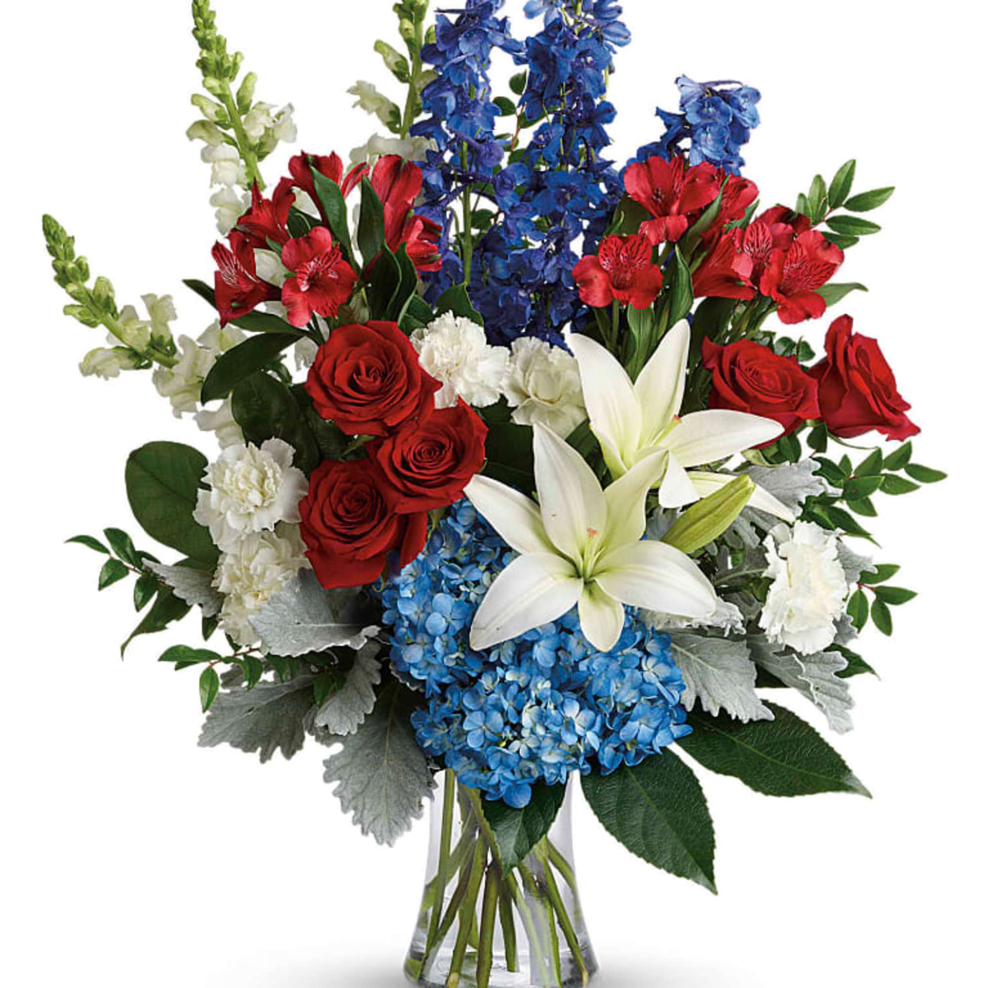 Perfectly patriotic with its red, white and blue blooms, this bold bouquet Perfectly patriotic with its red, white and blue blooms, this bold bouquet