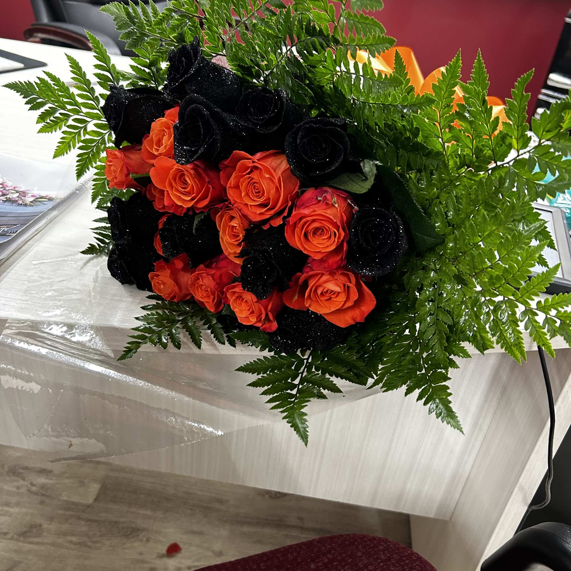 Pumpkin arrangements comes with roses and a card message 