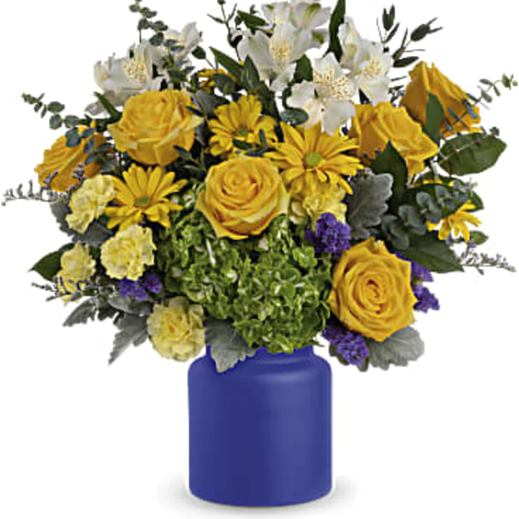 This bouquet features green hydrangea, yellow daisy spray chrysanthemums, white alstroemeria, purple