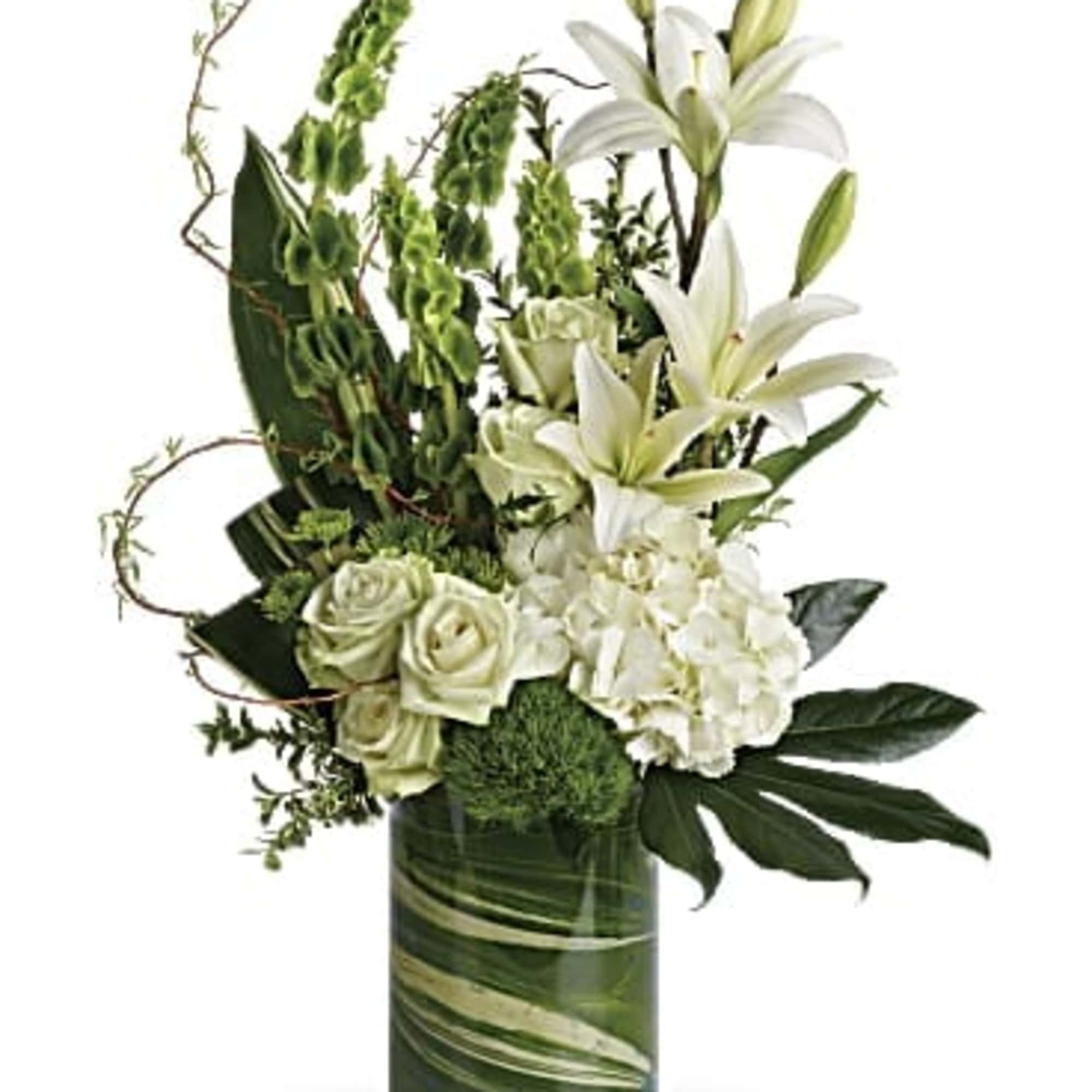 This modern bouquet includes white hydrangea, green roses, white asiatic lilies, green