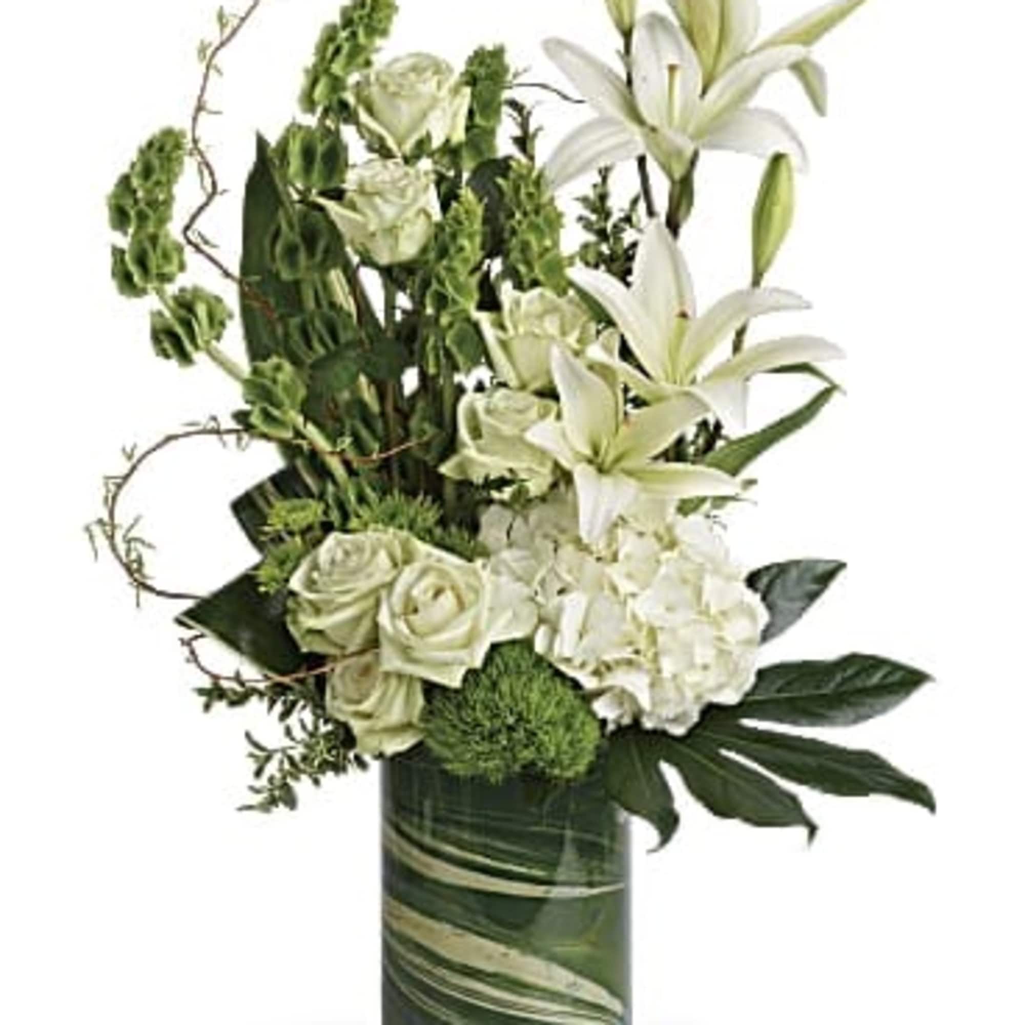 This modern bouquet includes white hydrangea, green roses, white asiatic lilies, green