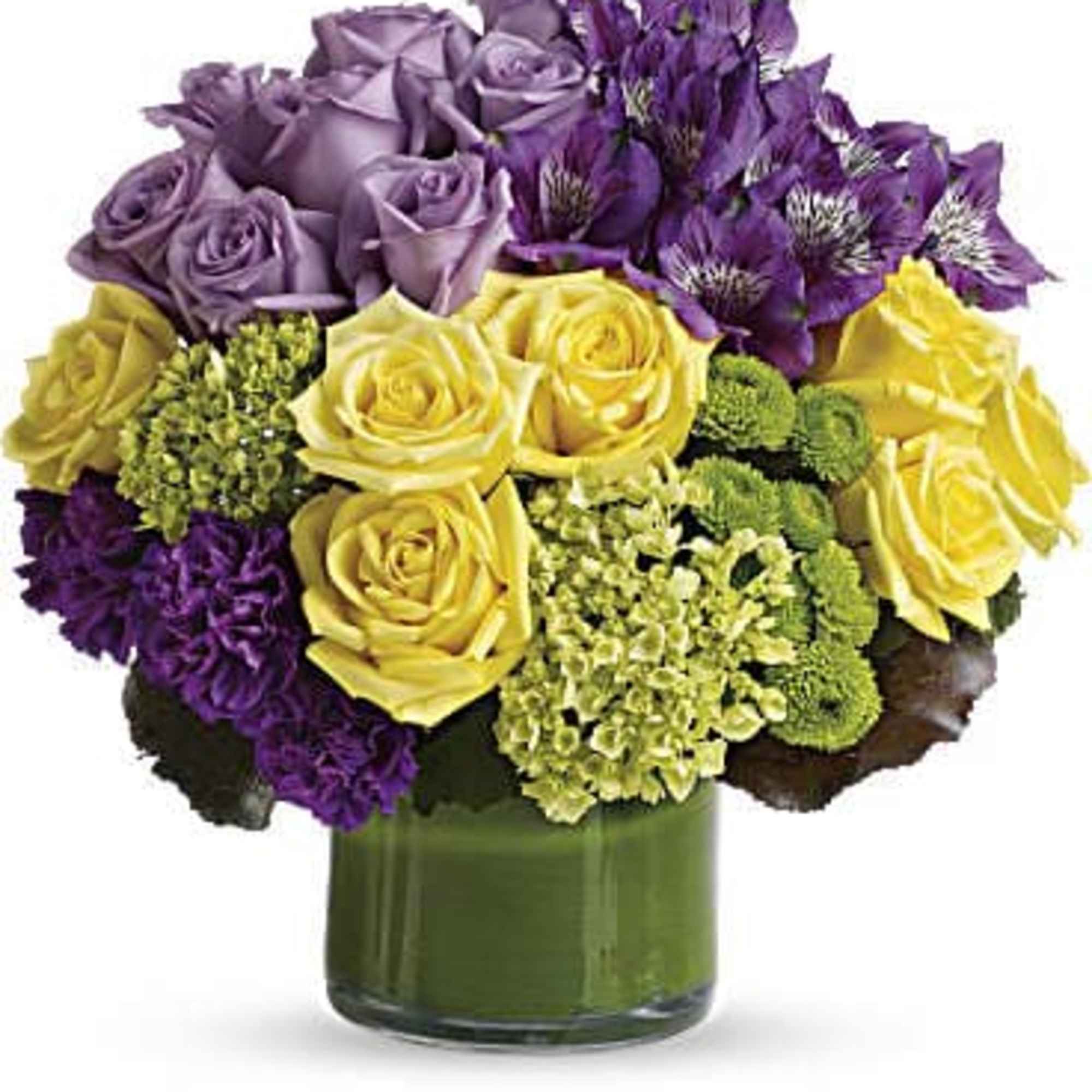 This chic arrangement includes miniature green hydrangea, lavender and yellow roses, purple