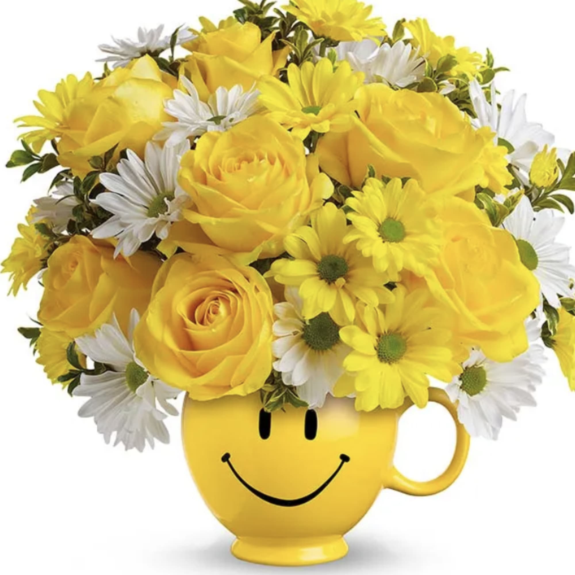 Beautiful seasonally colored flowers arranged in a smiley face mug
