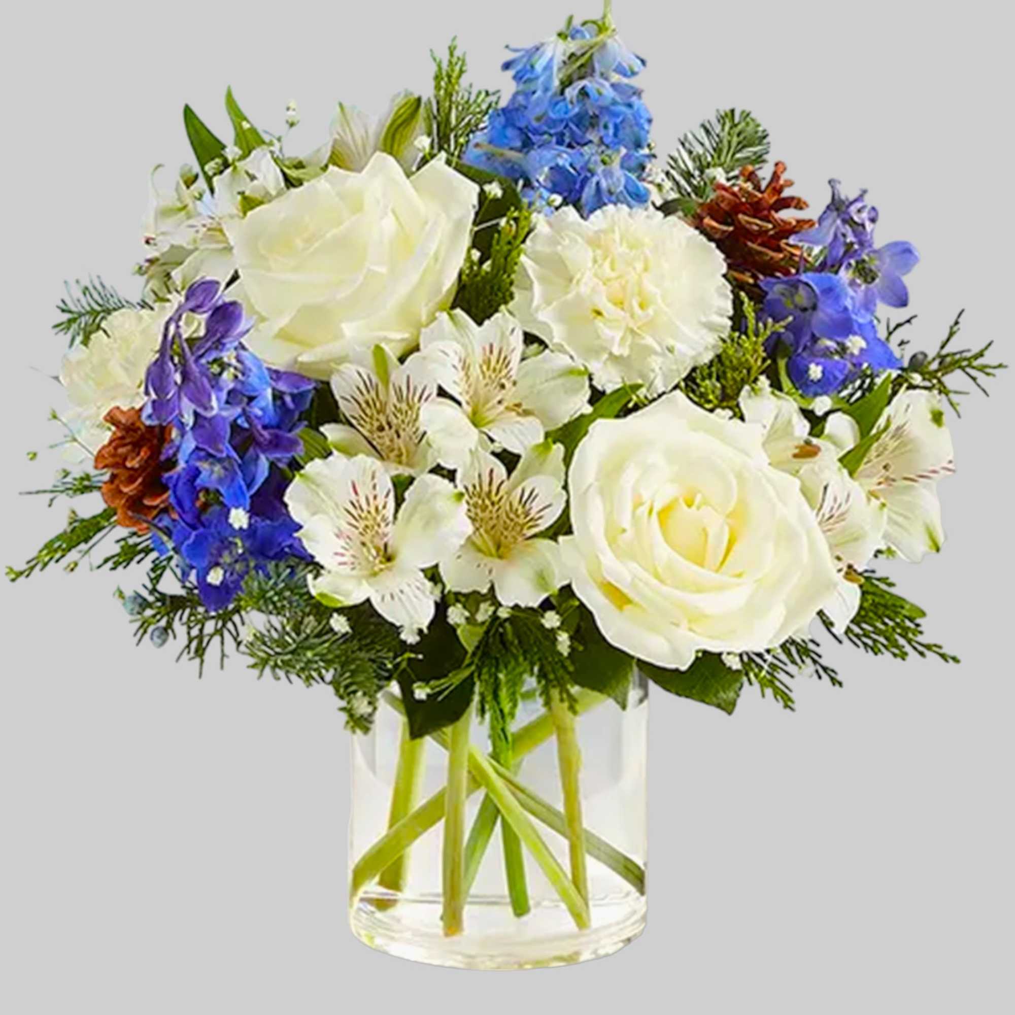 Inspired by winter&rsquo;s cool blue &amp; white landscape, our delightful arrangement delivers