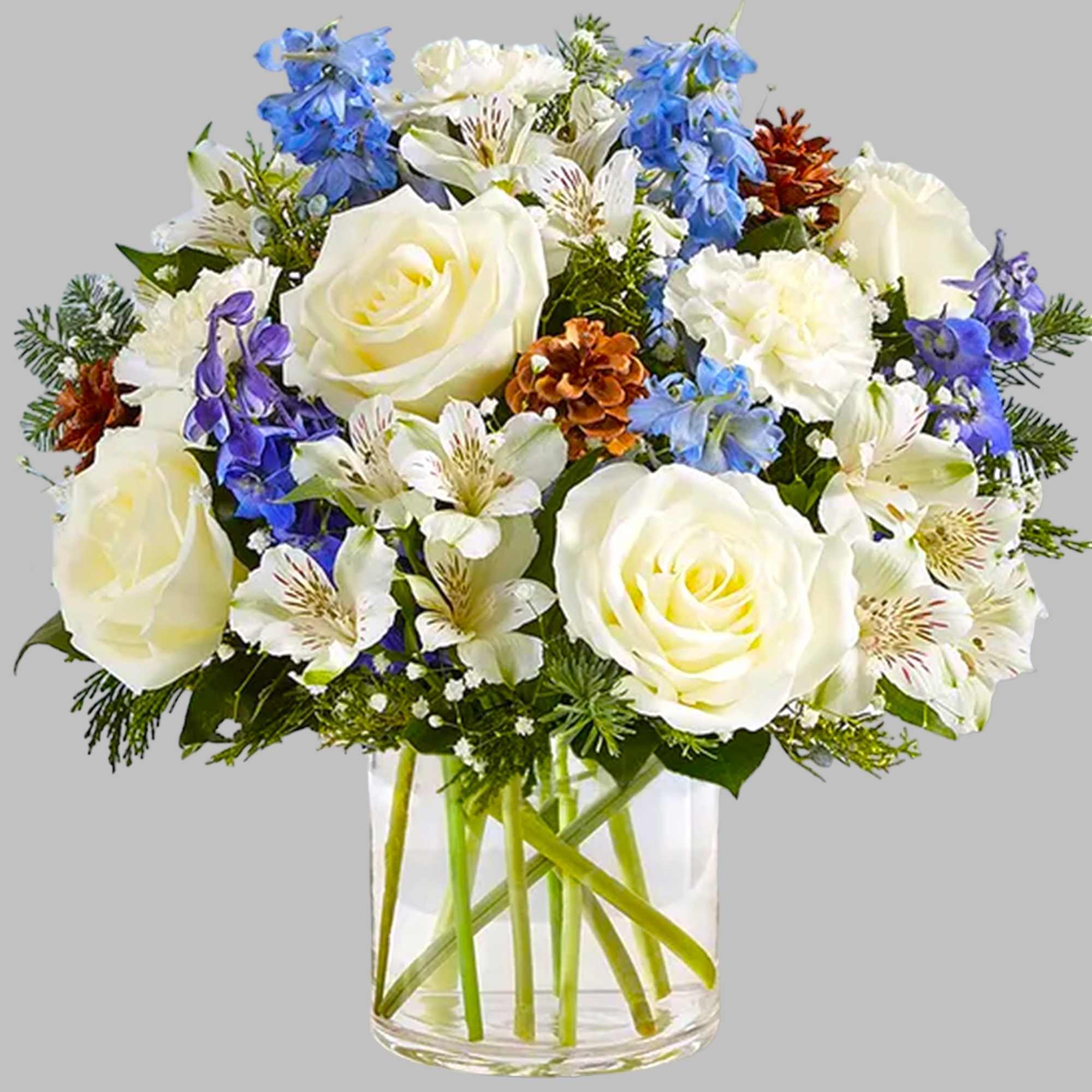 Inspired by winter&rsquo;s cool blue &amp; white landscape, our delightful arrangement delivers