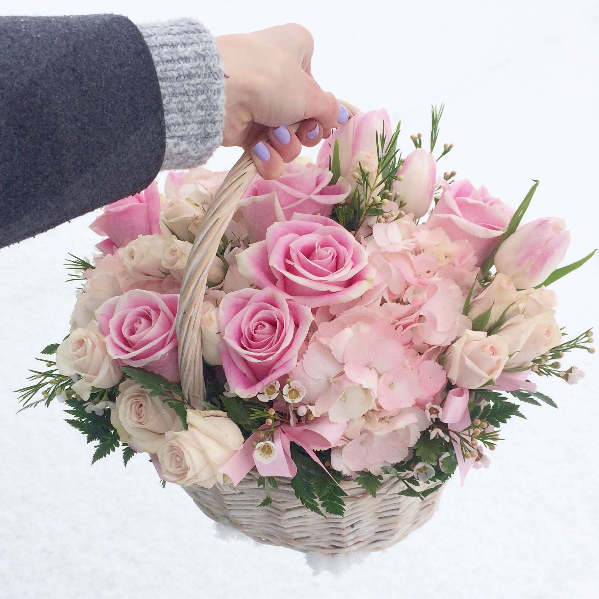 Pink hydrangeas, light pink roses, light pink spray roses with wax flowers. Pink hydrangeas, light pink roses, light pink spray roses with wax flowers.