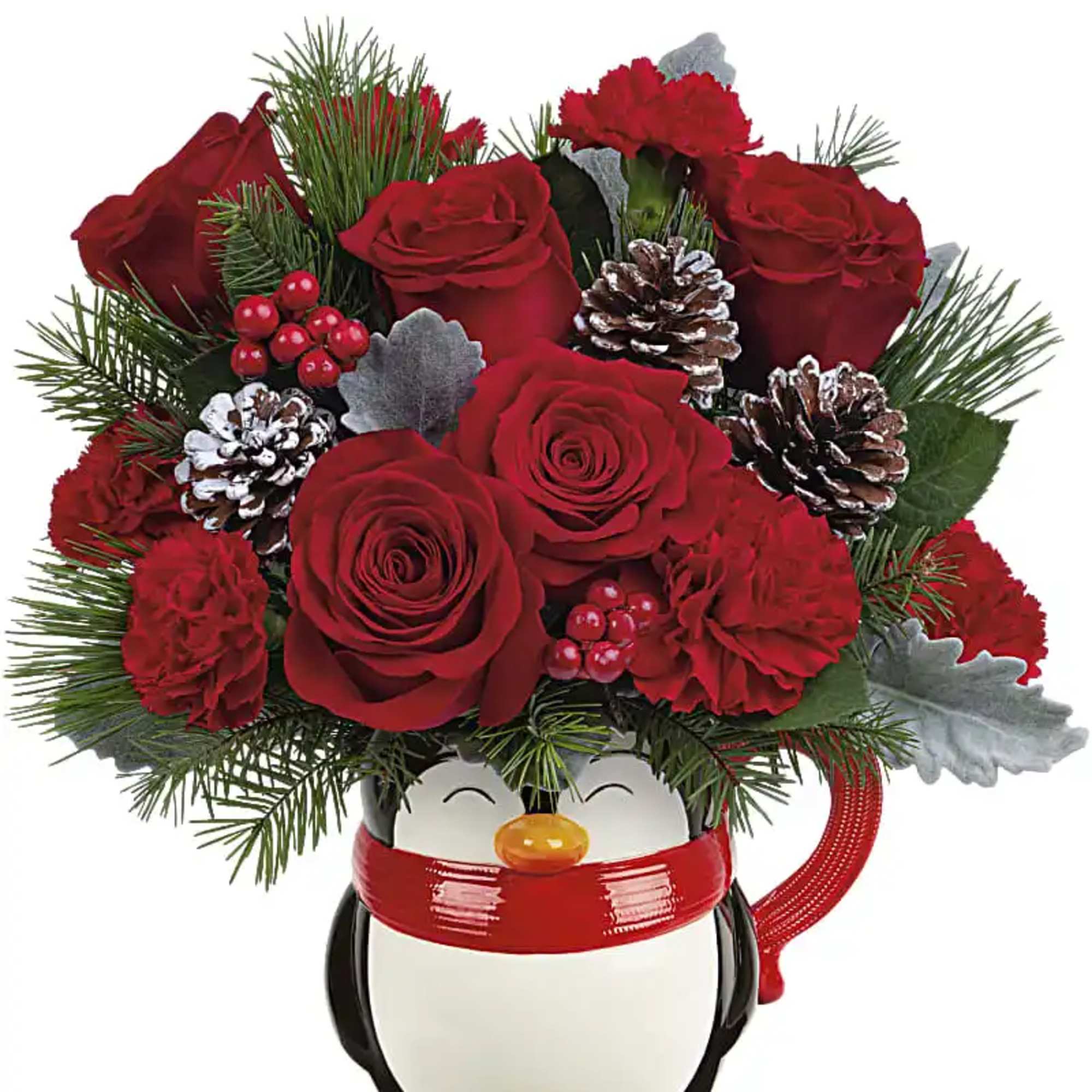 Filled with festive flowers now, hot cocoa later, this sweet ceramic penguin