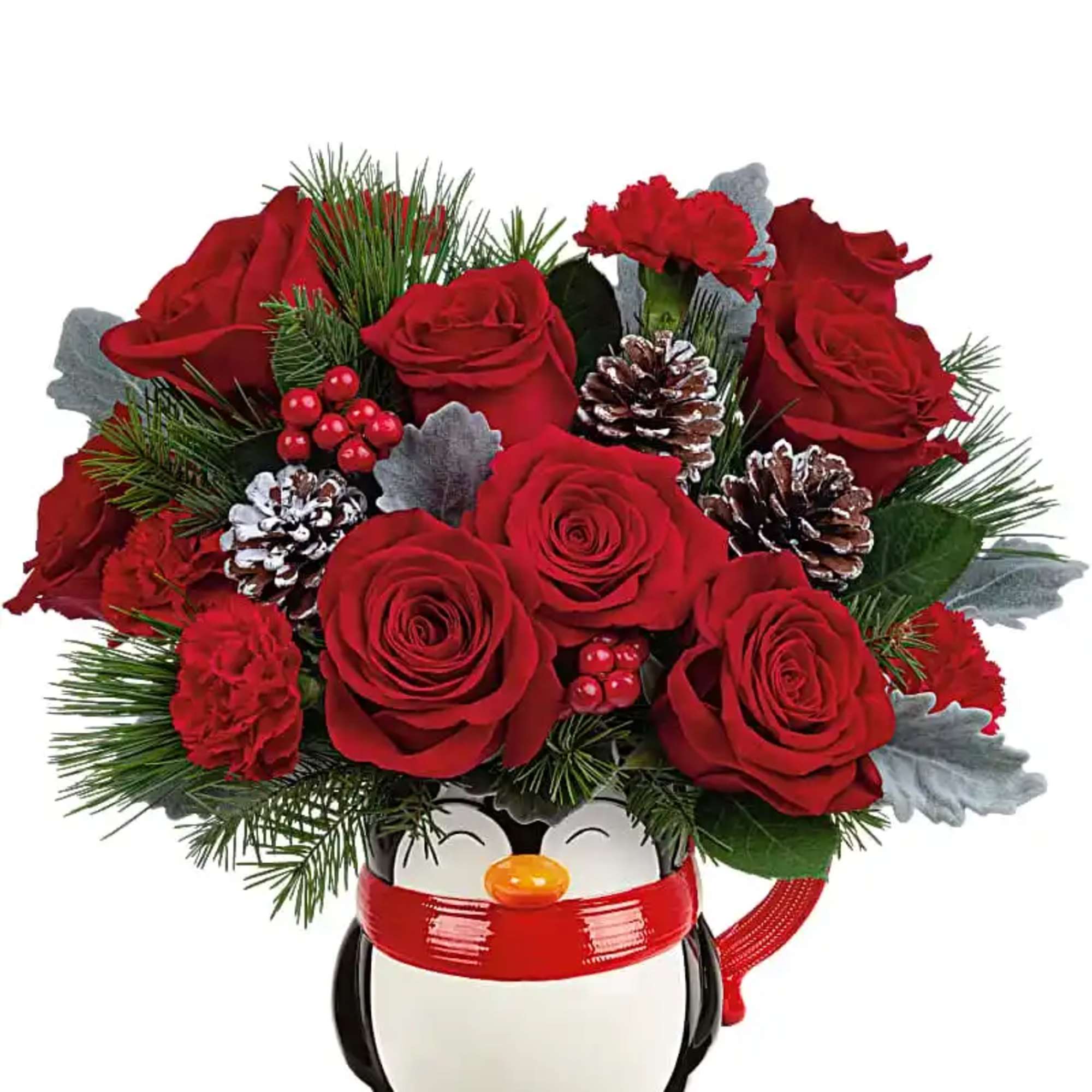 Filled with festive flowers now, hot cocoa later, this sweet ceramic penguin