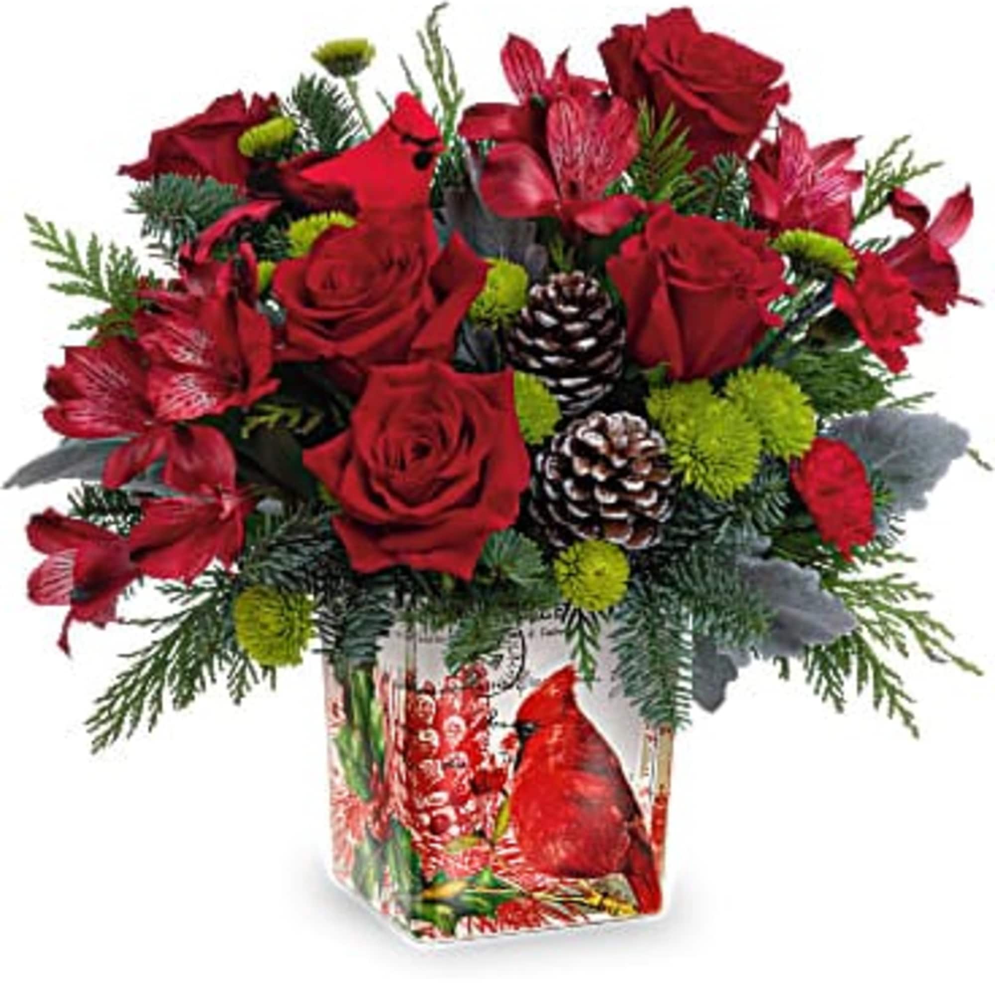 New Christmas cardinal cube vase features bright red blooms and winter greens.