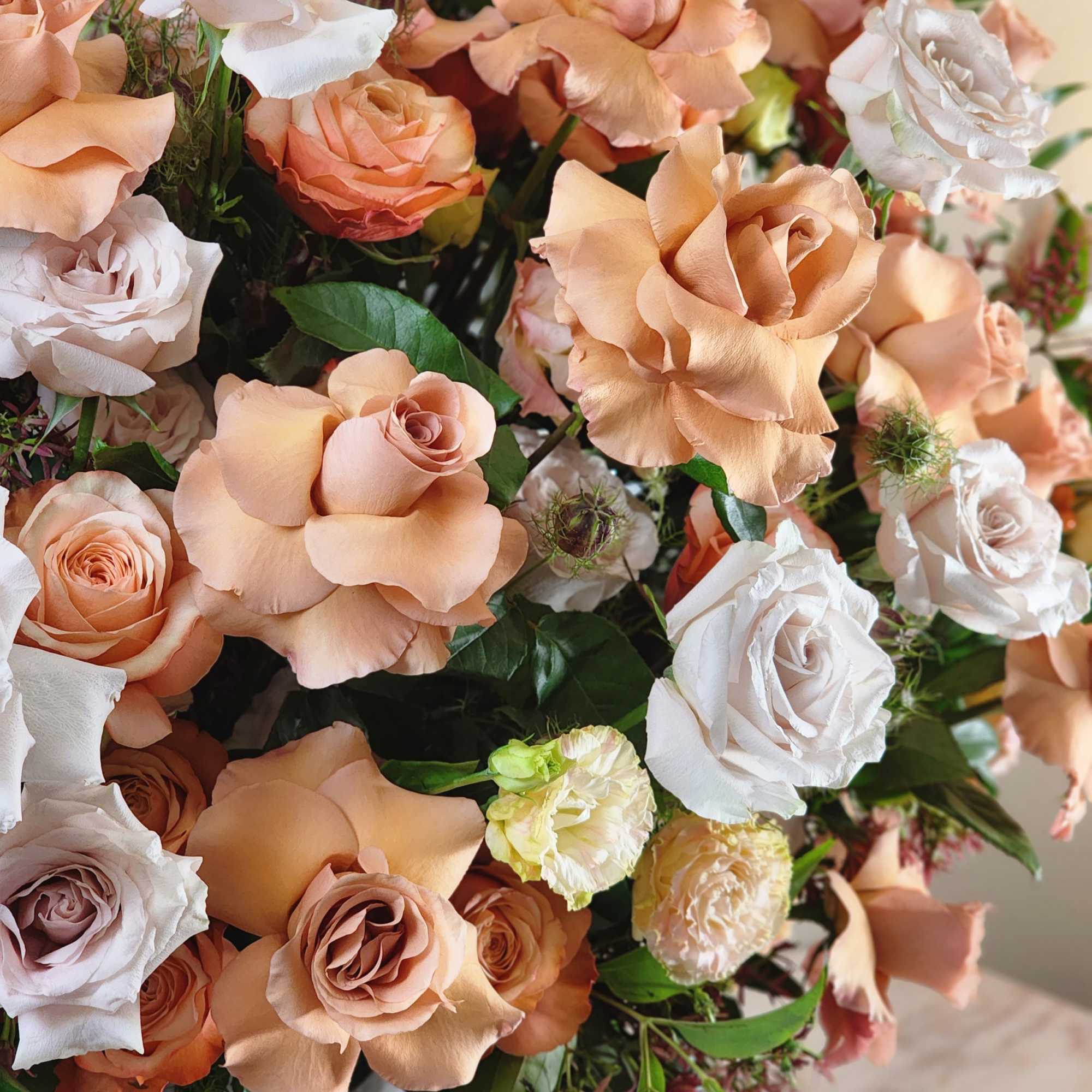 A grandiose vase holds an enchanting blend of beige and peach roses