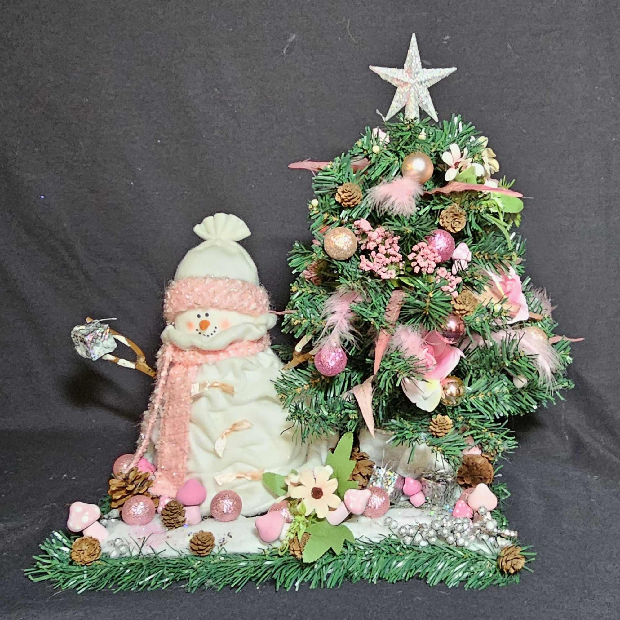 Modern day pink snowman scene with snow and trees