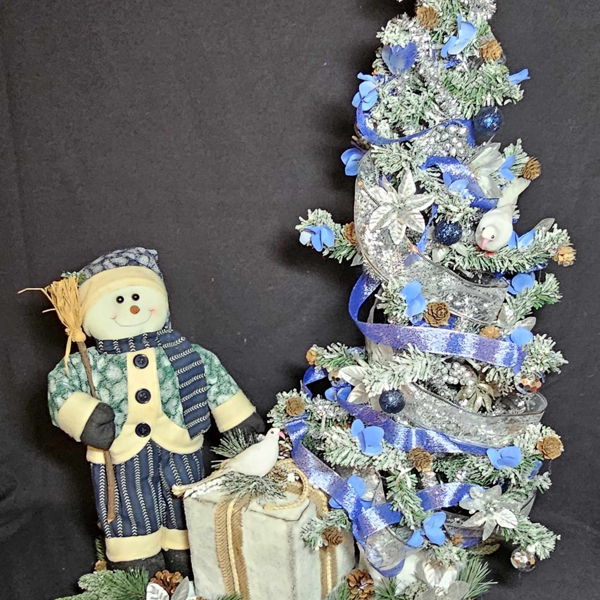 Modern day snowman scene with gifts and trees