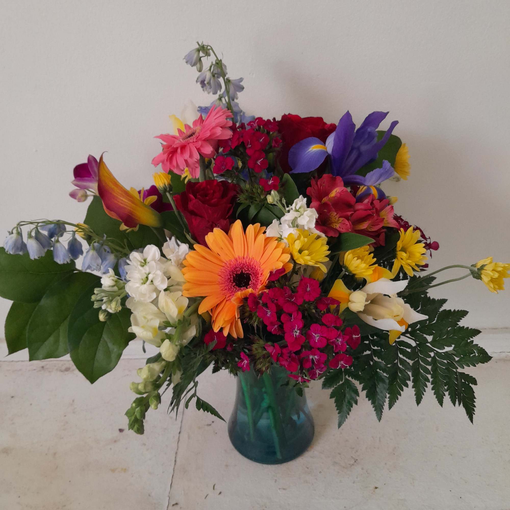 Beautiful bright mix of colors, orange gerbera daisy, hot pink sweet William