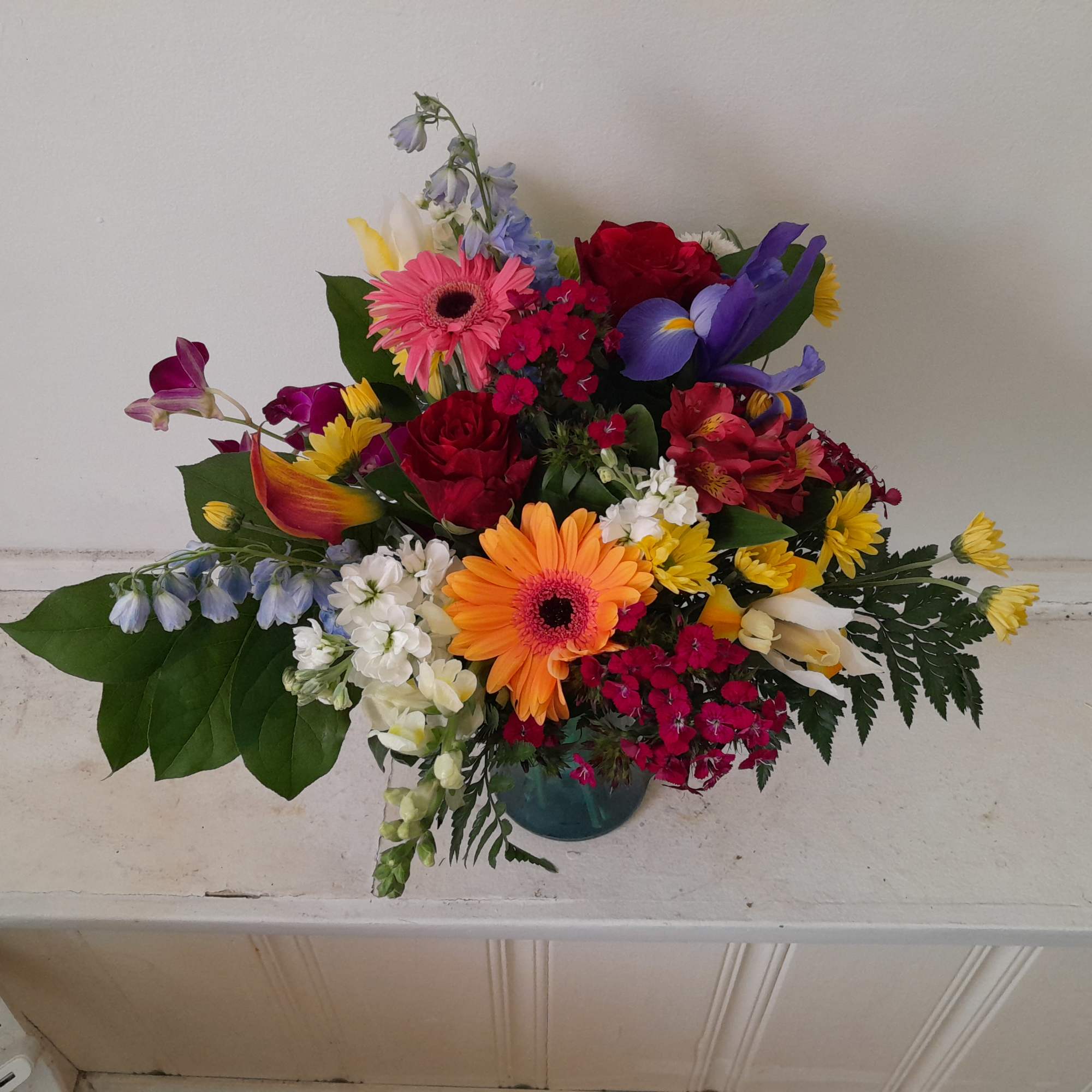Beautiful bright mix of colors, orange gerbera daisy, hot pink sweet William