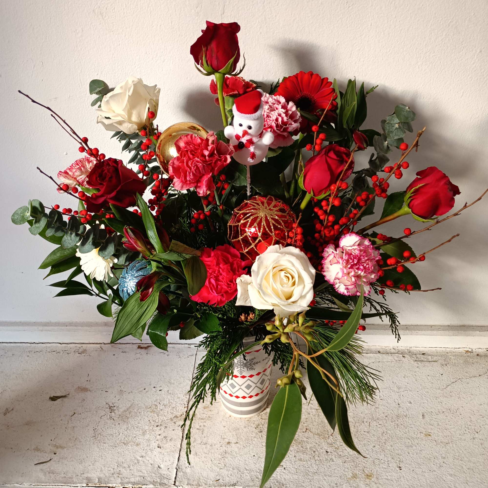 Tall latte winter decorated cup with the festive Christmas/New Year arrangement