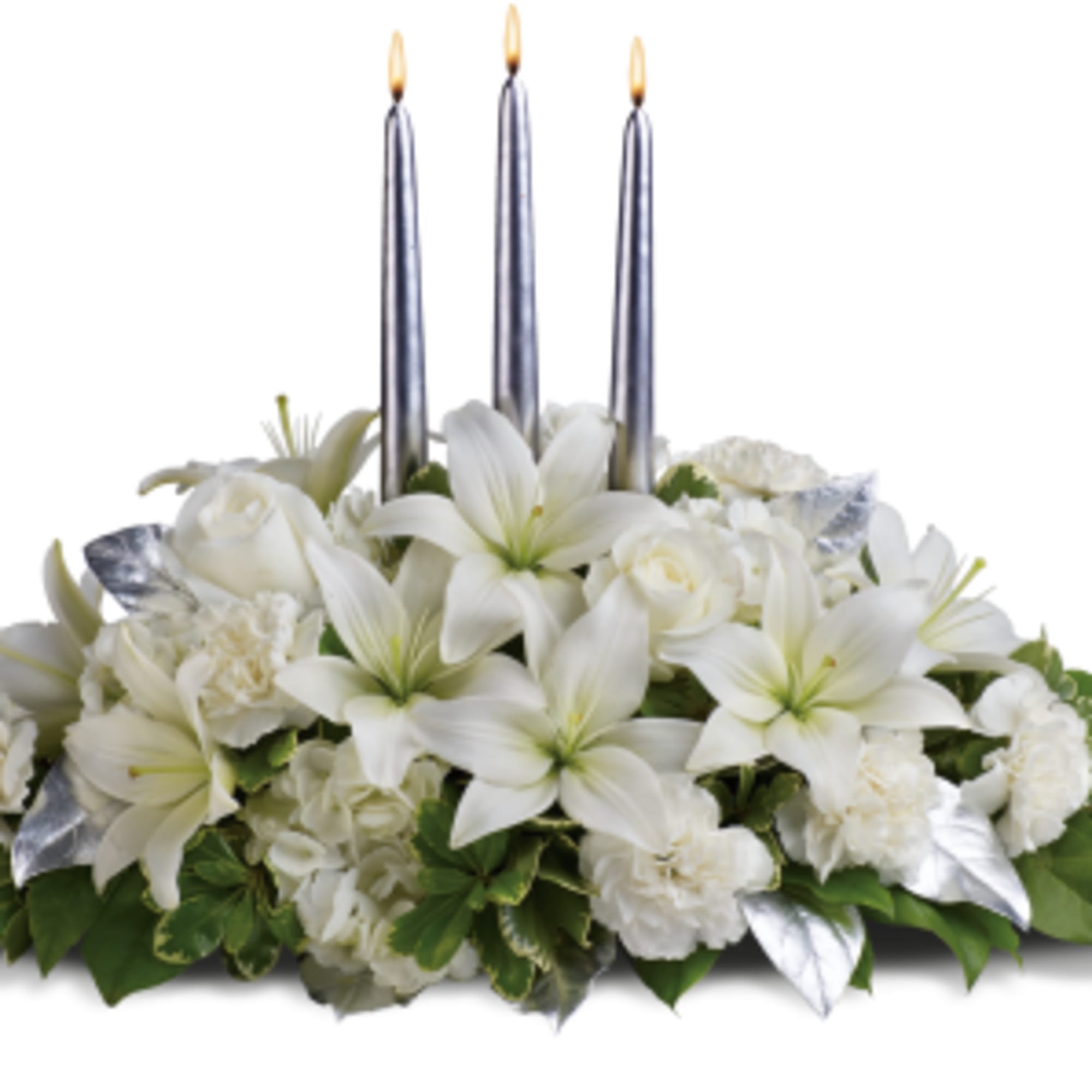 This silvery centerpiece is so elegant it practically speaks for itself.  This silvery centerpiece is so elegant it practically speaks for itself.