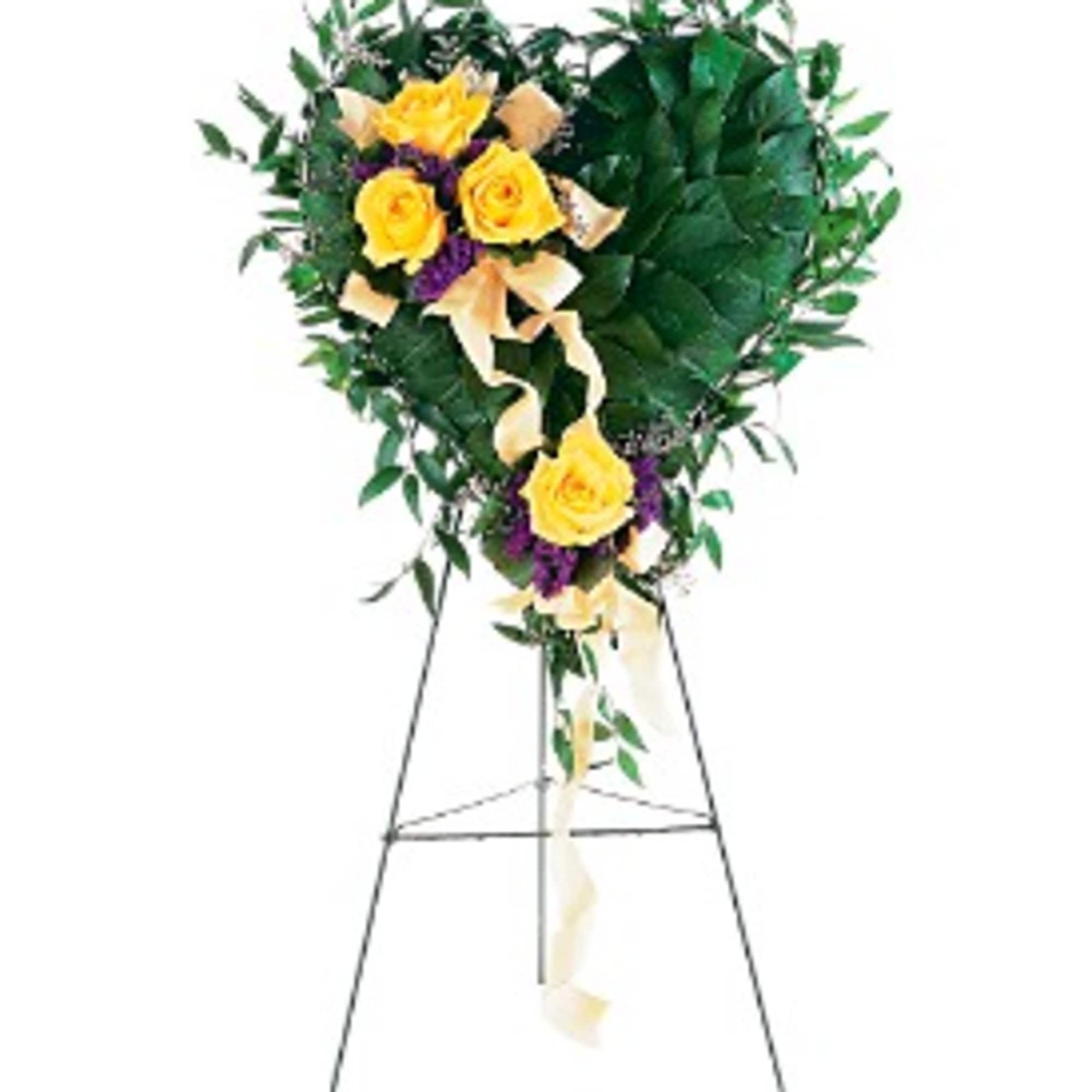The Heart of Gold standing spray by Twin Towers Florist
A foliage-covered heart The Heart of Gold standing spray by Twin Towers Florist
A foliage-covered heart