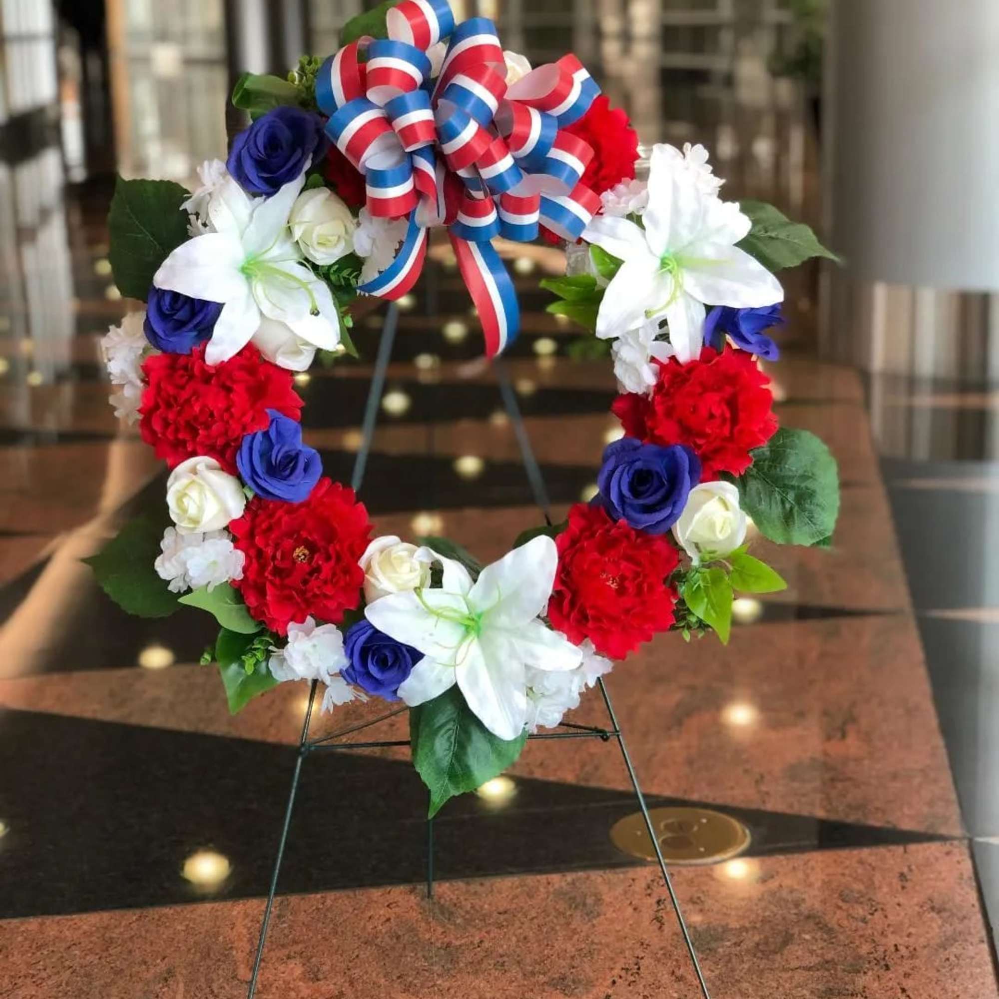 21&quot; ETERNAL REMEMBRANCE SILK WREATH WITH BOW ON EASEL FOR GRAVESIDE BY