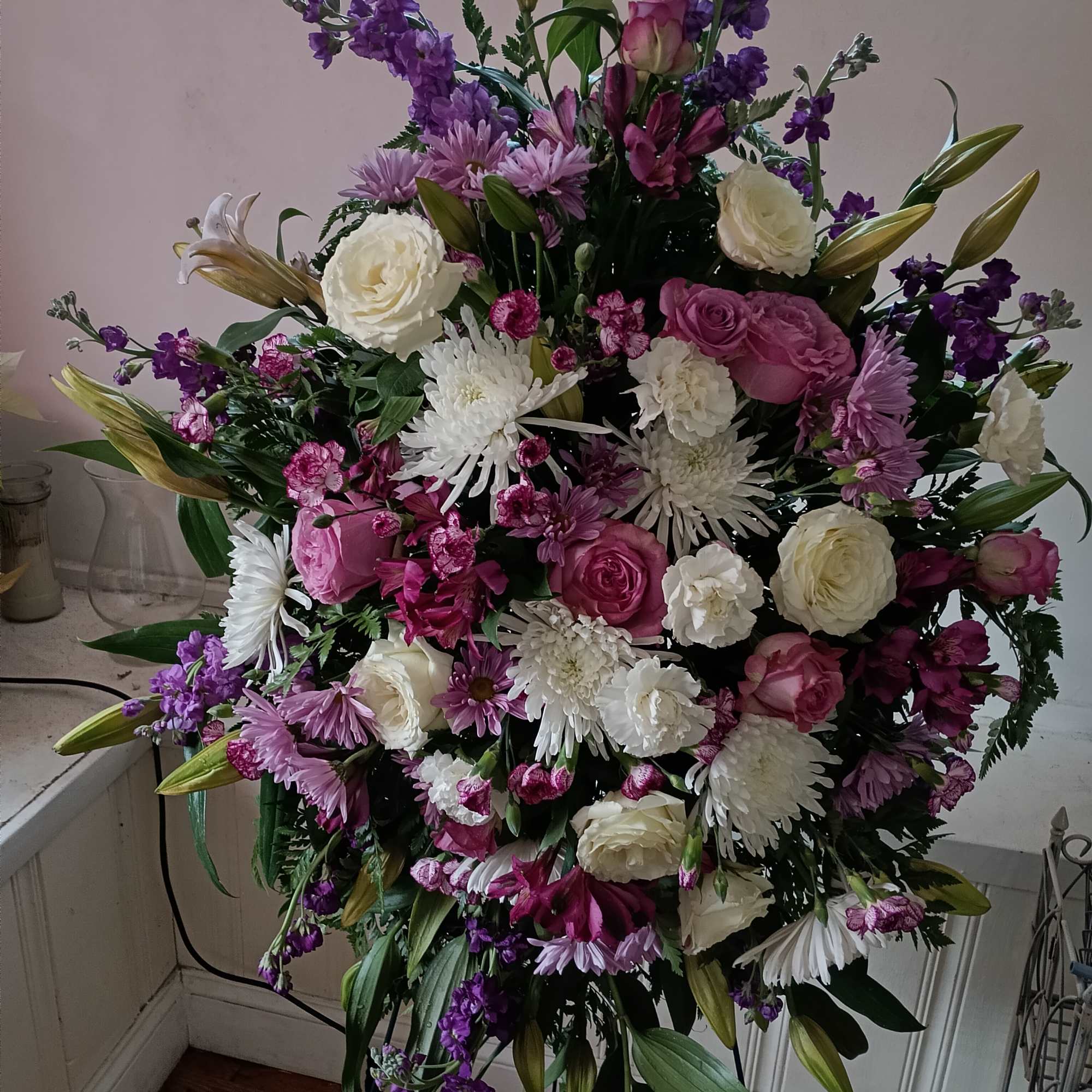 Beautiful white &amp; purple roses, carnations, alstroemeria,   fujy moms and