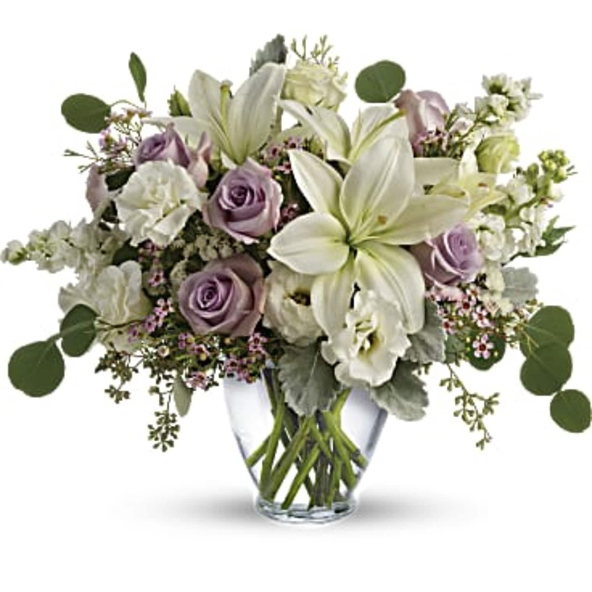Pamper your lovely with this luxurious lavender and cream bouquet! Ravishing roses