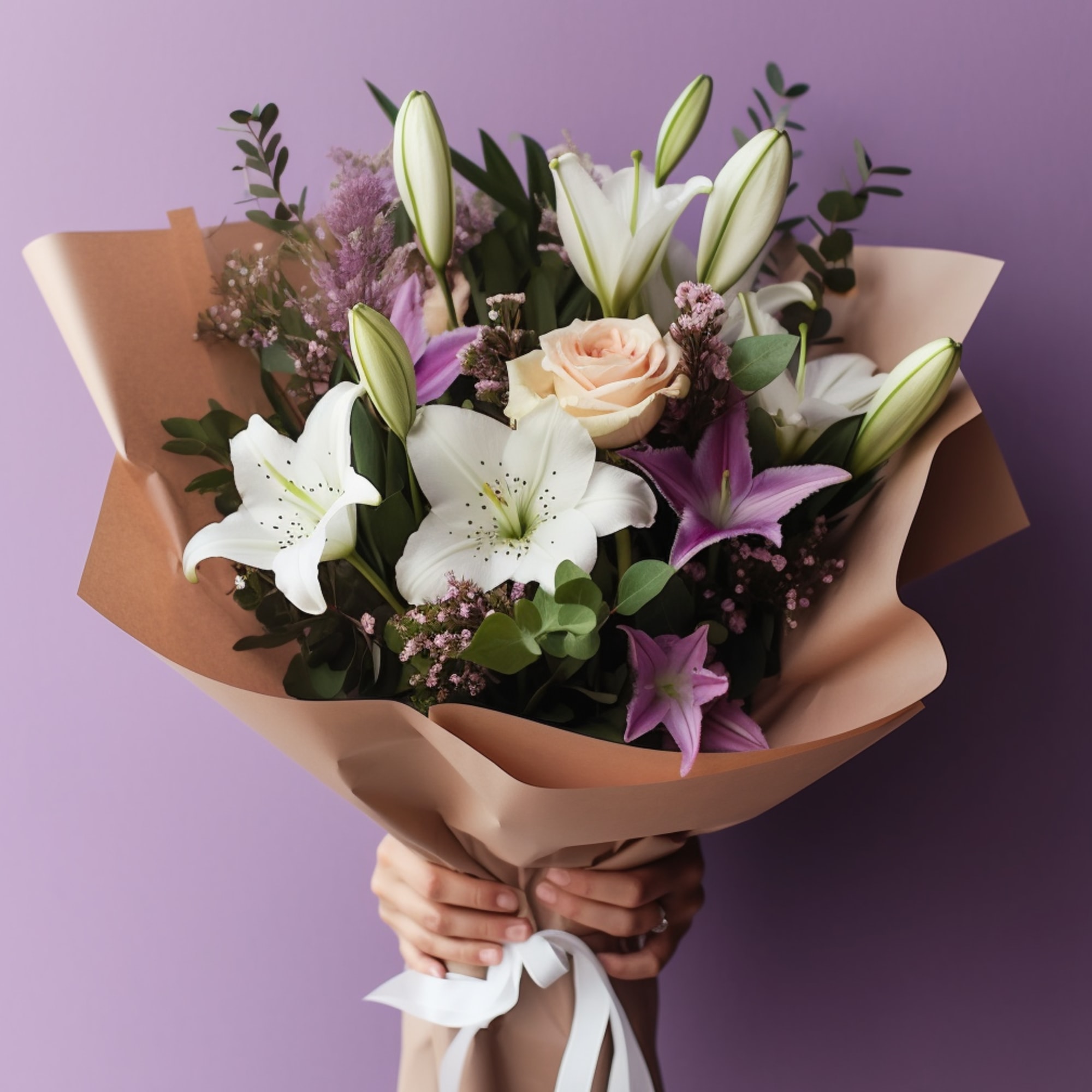 The &quot;Annabelle&quot; bouquet is a graceful medley of white and purple lilies