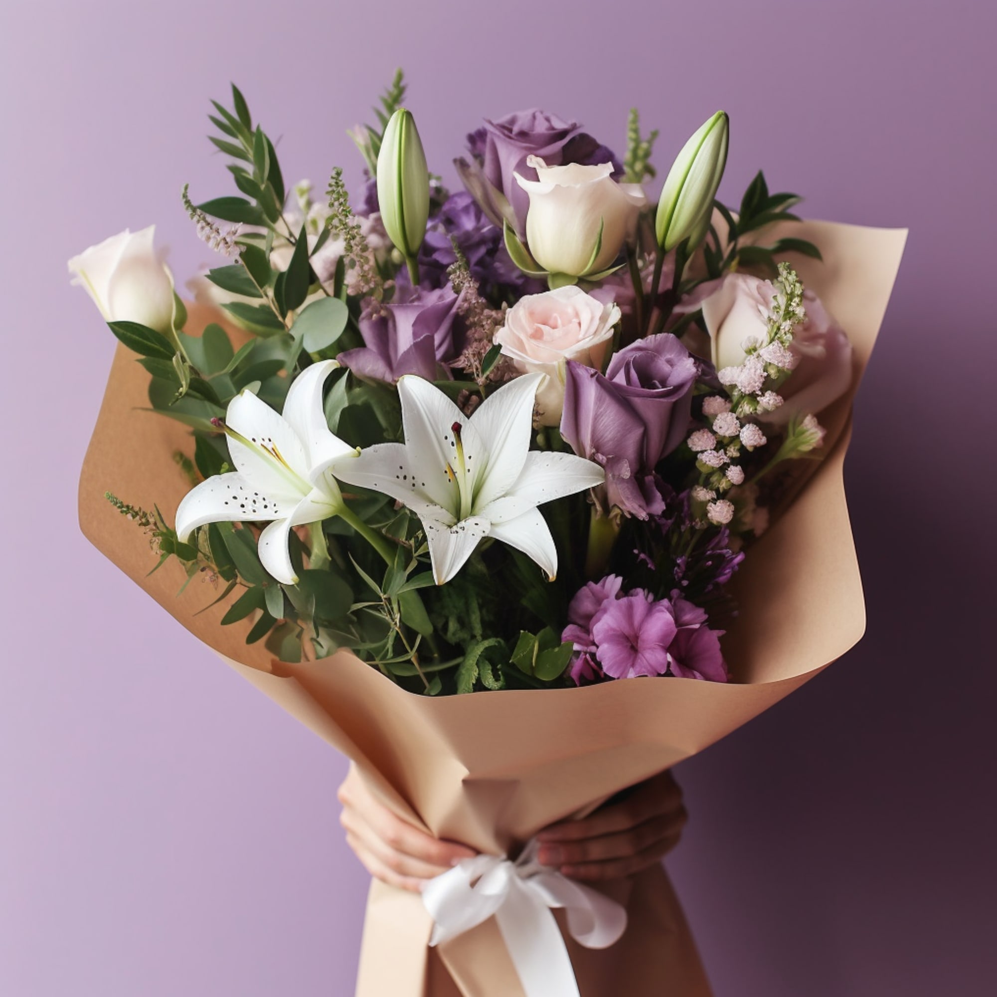 The &quot;Annabelle&quot; bouquet is a graceful medley of white and purple lilies