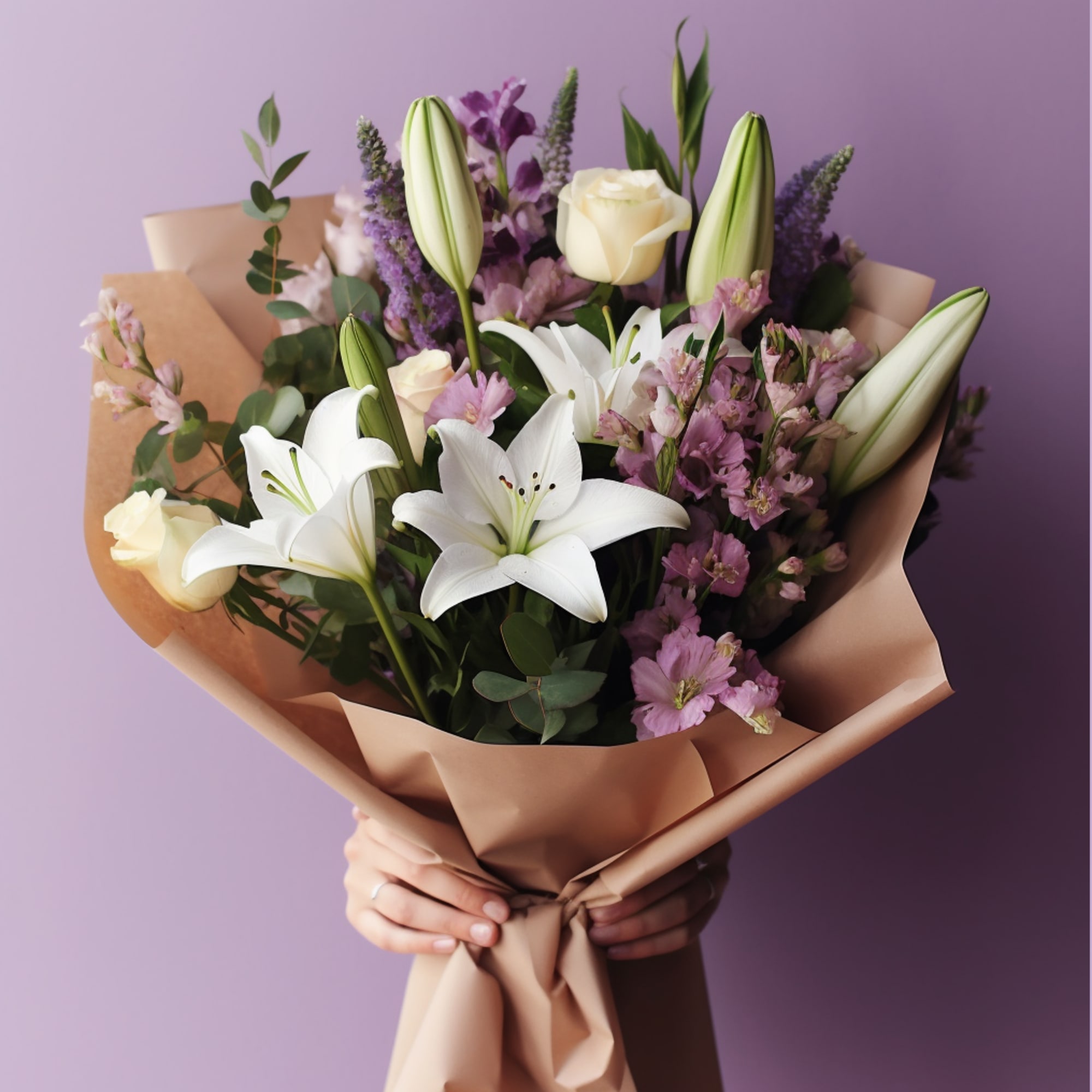 The &quot;Annabelle&quot; bouquet is a graceful medley of white and purple lilies