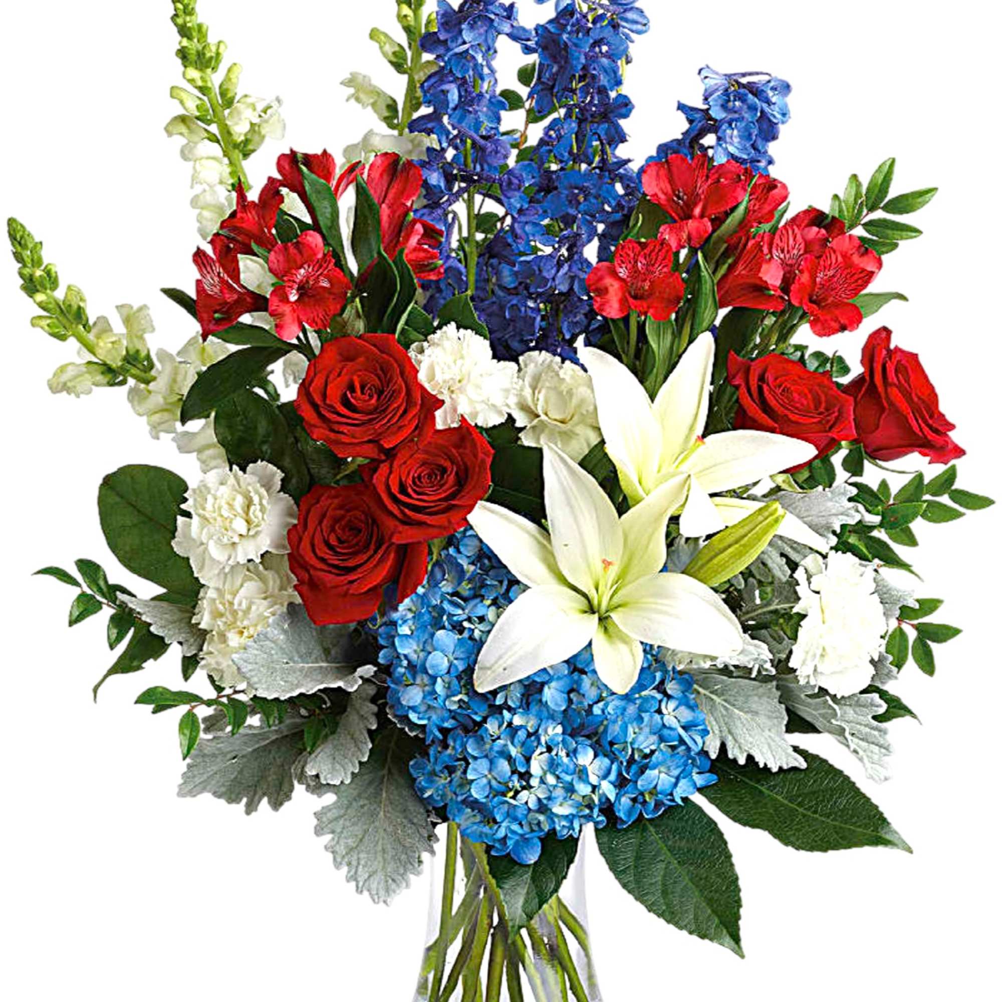 A colorful tribute for someone special, this brilliant arrangement of red, white