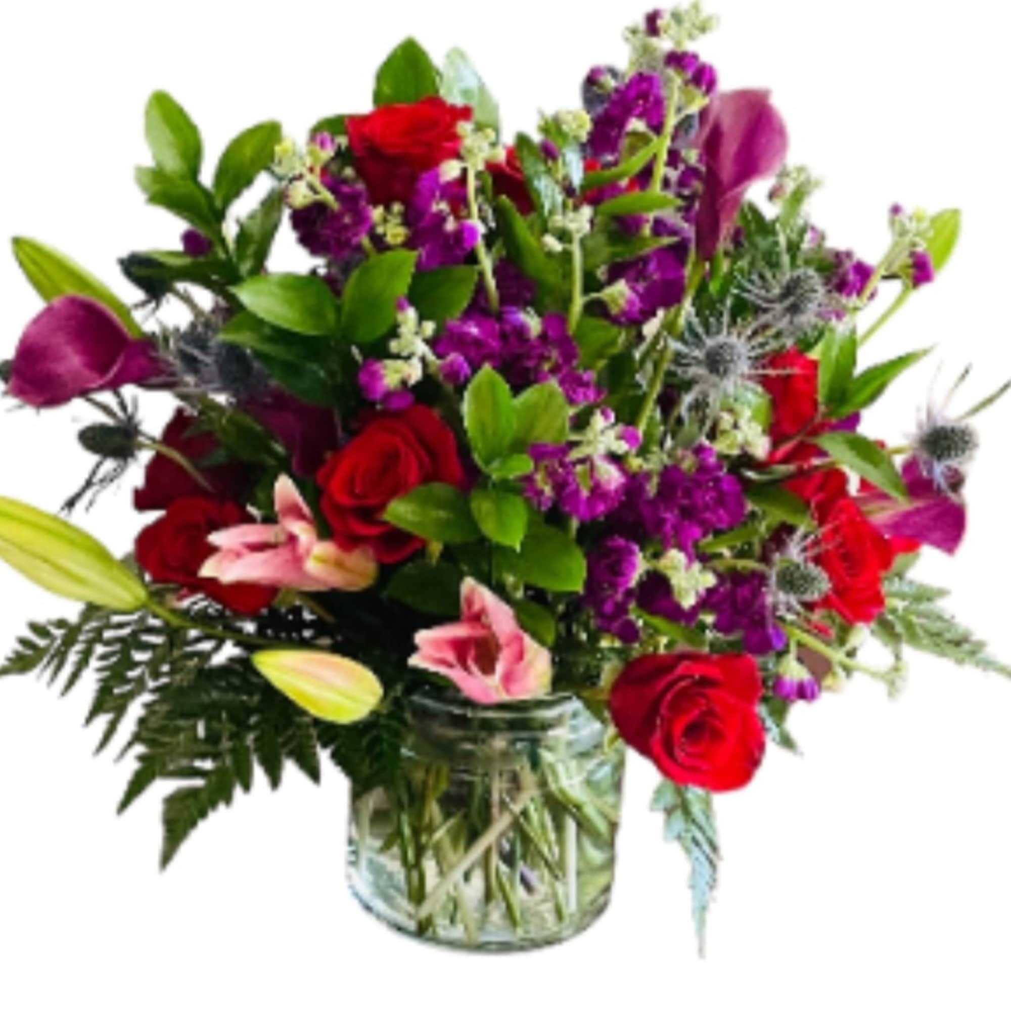 This dreamy jewel toned bouquet combines bold color and eye catching texture This dreamy jewel toned bouquet combines bold color and eye catching texture