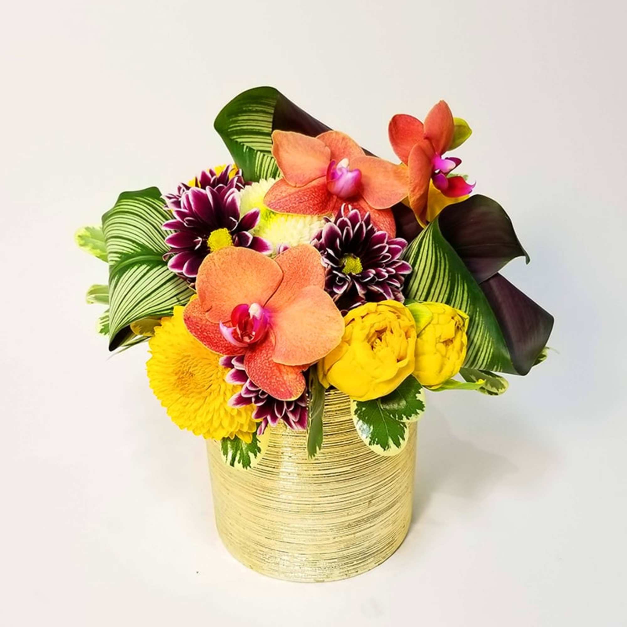 Compact Floral Arrangement of Orchids, Mums, and Tropical Greens. 