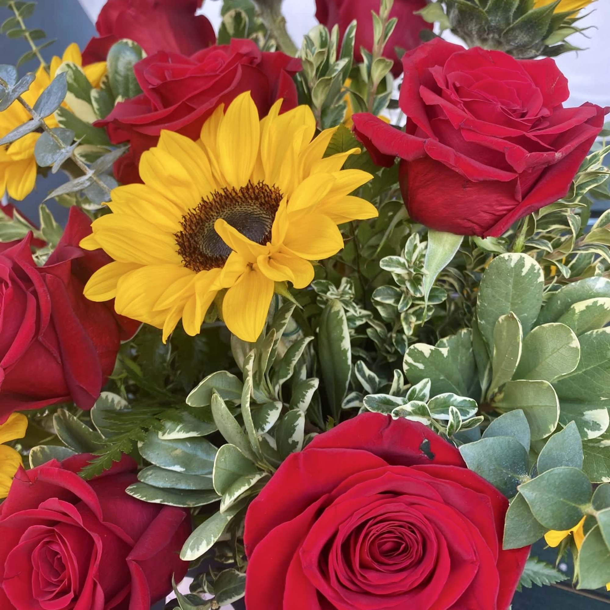 Beautiful red roses meet sunny sunflowers - happy box for happy people! Beautiful red roses meet sunny sunflowers - happy box for happy people!