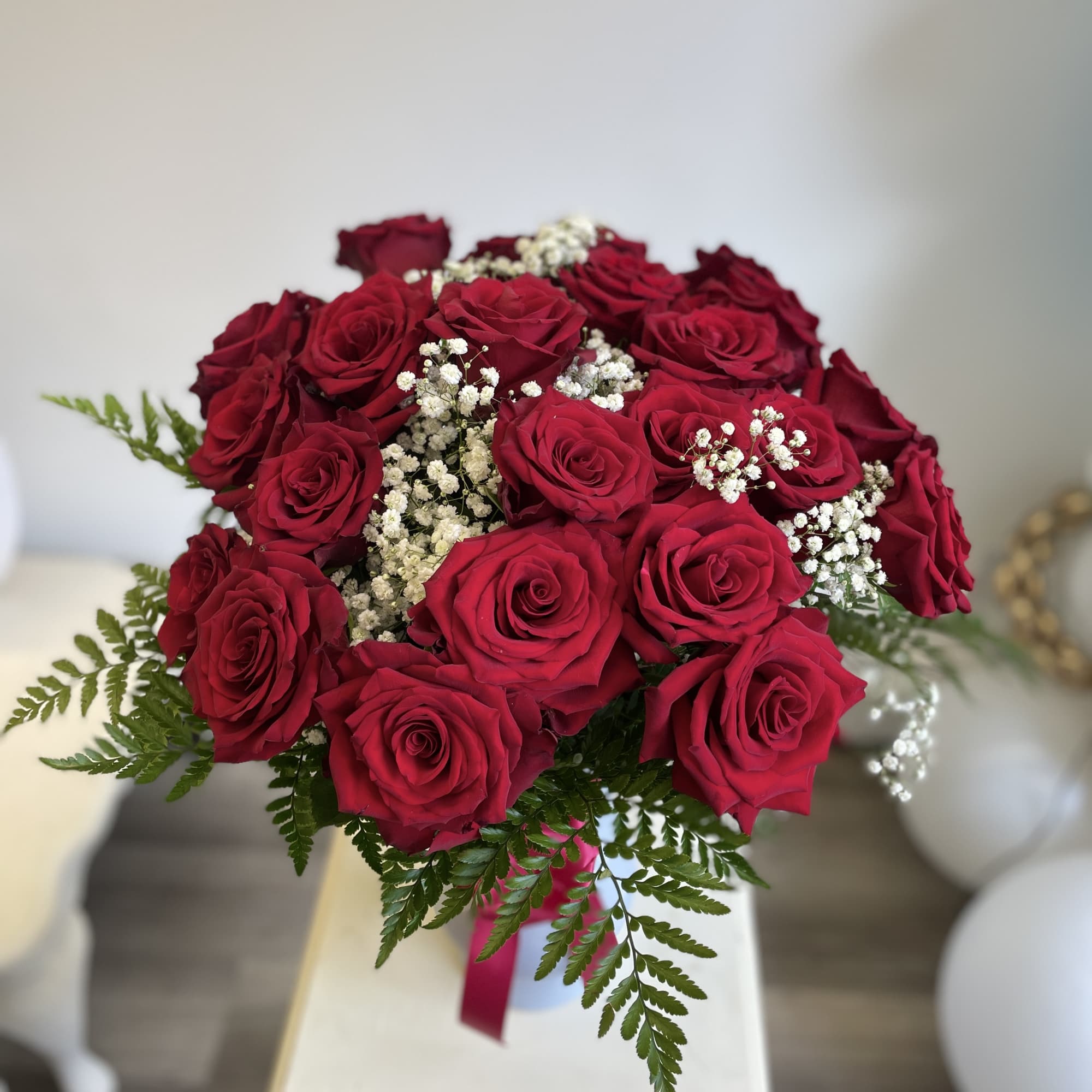 24 Roses (50 inches), Leather, Gyp with a Clear Vase