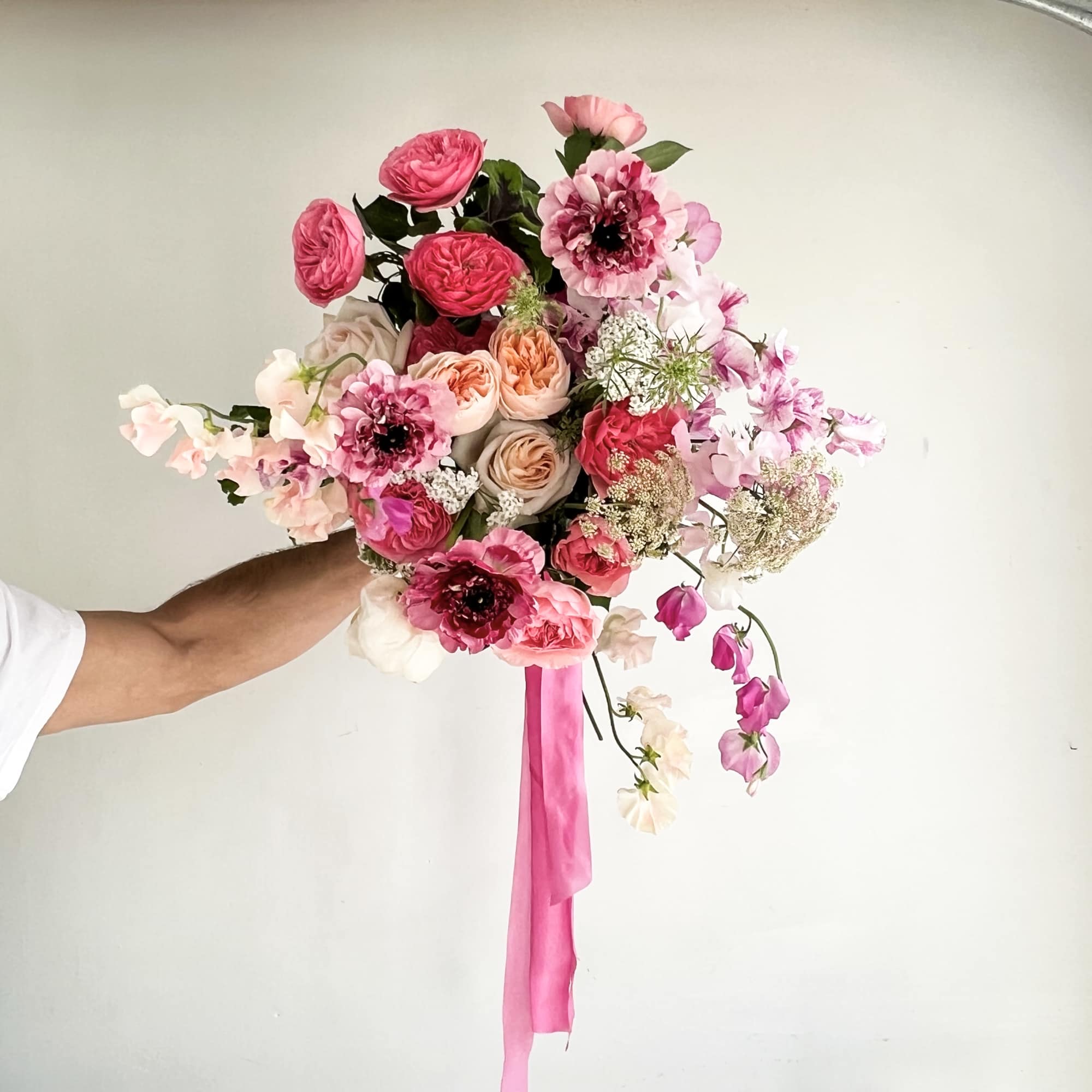 Japanese Ranunculus, Sweet Peas, Geranium, Juliette Blush &amp; Pink Roses, White Peonies