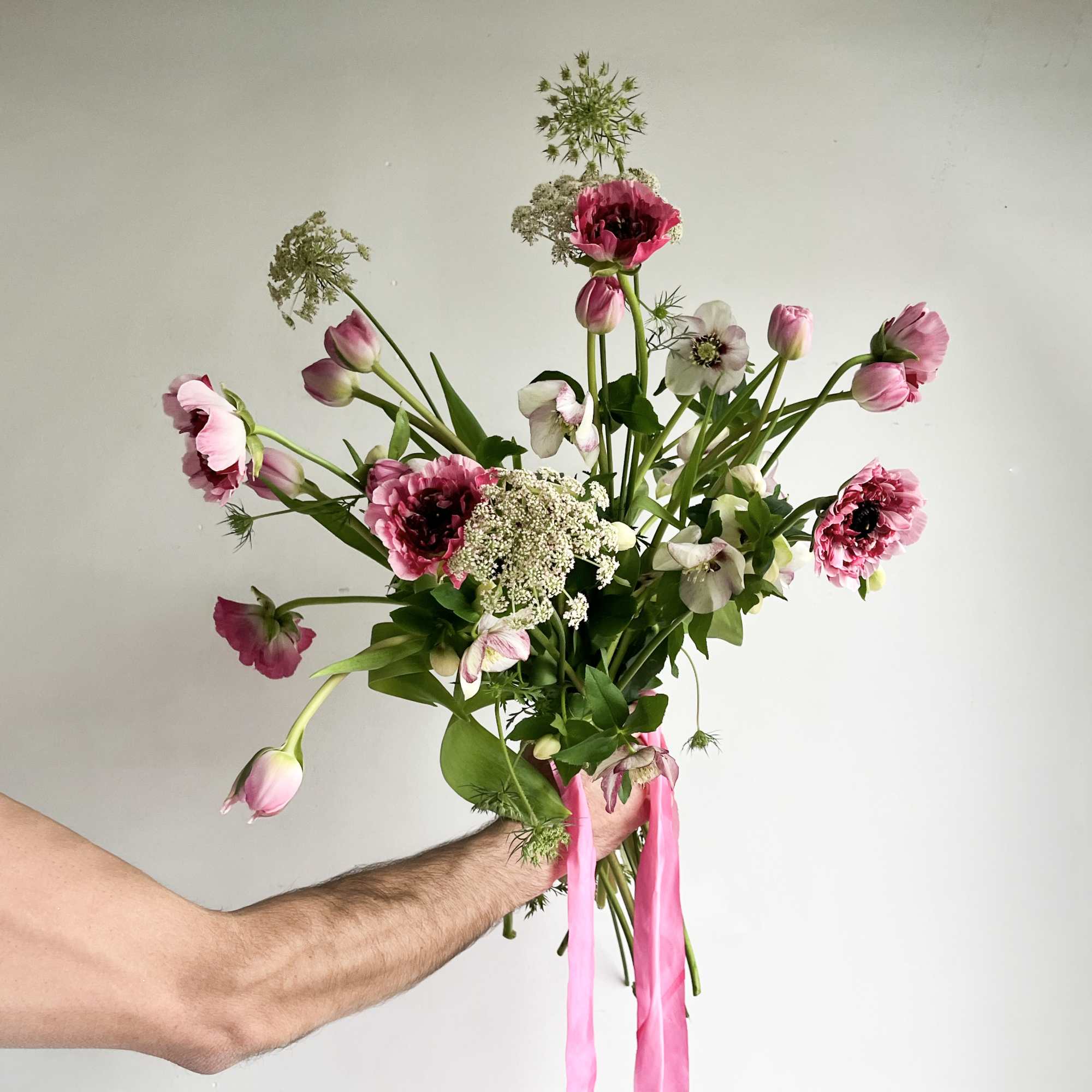 Queens Annes Lace, Tulips, Hellebores, Japanese Ranunculus