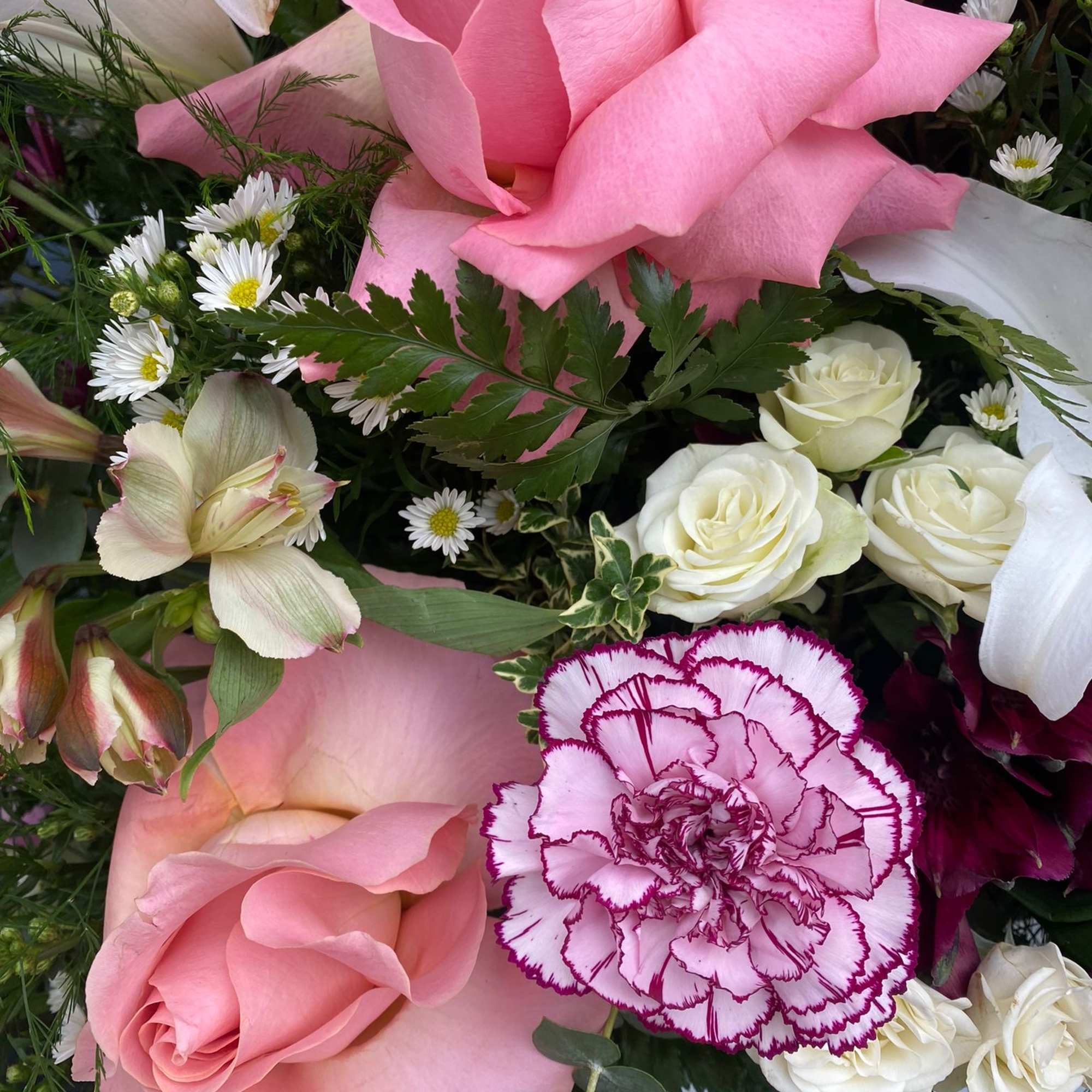 Colorful fresh cut flower mix in a trendy box, topped with a