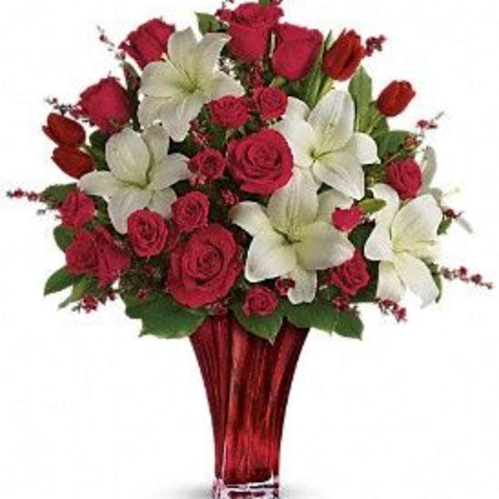 with this majestic mix of classic red roses, tulips and white lilies with this majestic mix of classic red roses, tulips and white lilies