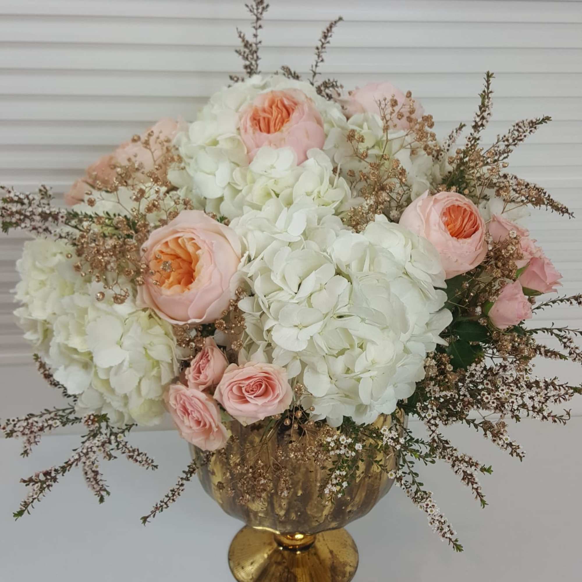 White Hydrangea, Juliet Garden Roses, Light Pink Spray Roses, Gold Baby&#039;s Breath