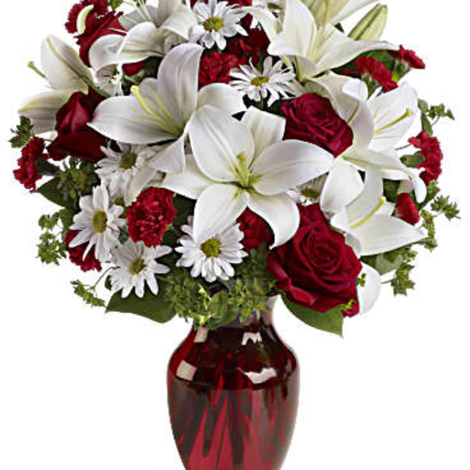 Roses and Daisies in a red glass vase, finished with a red Roses and Daisies in a red glass vase, finished with a red
