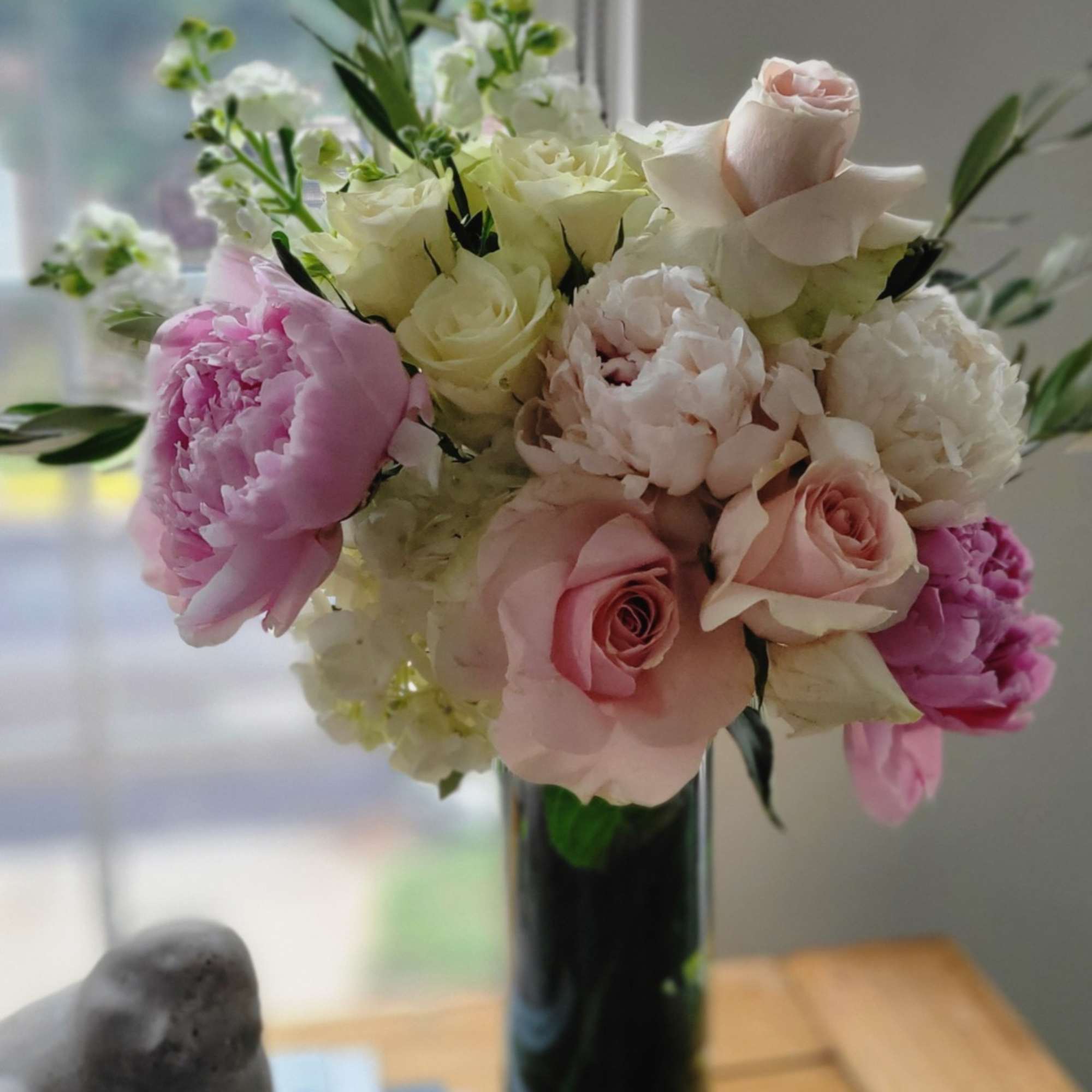 Hydrangeas, rose, peonies, stock, olive leaves