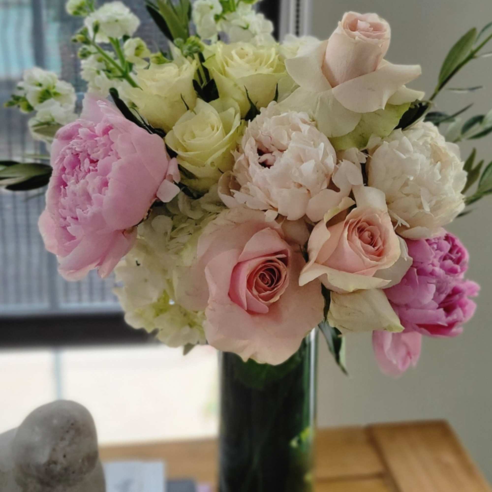 Hydrangeas, rose, peonies, stock, olive leaves