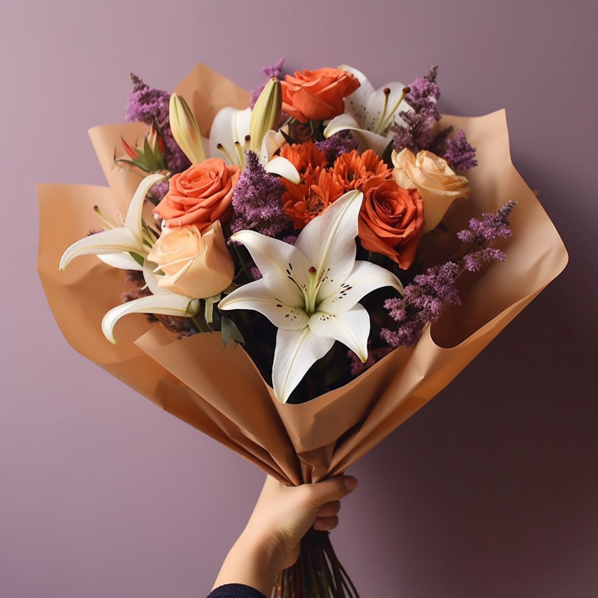The &quot;Talia&quot; bouquet is a captivating blend of white lilies and orange