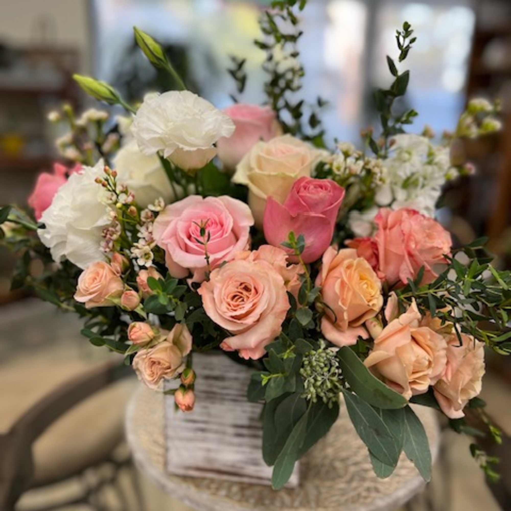 Roses, Spray Roses, and Stock in Wooden Box