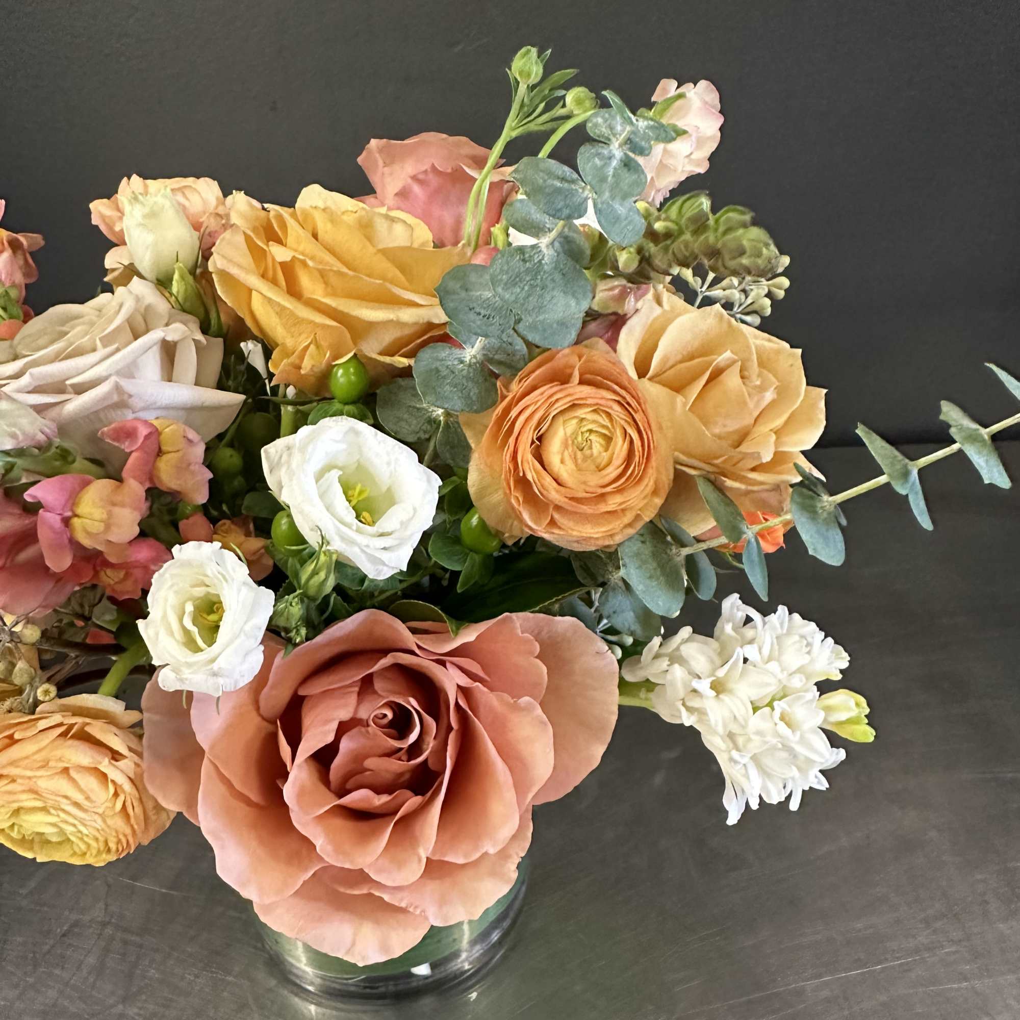 This is a blend of soft tones of coral, pinks, peach, toffee