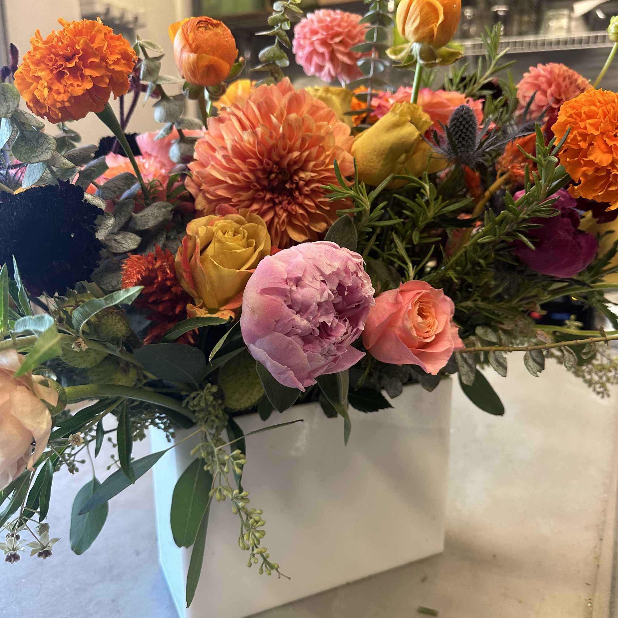 A delightful mixture of seasonal coral bloom in a white square vase