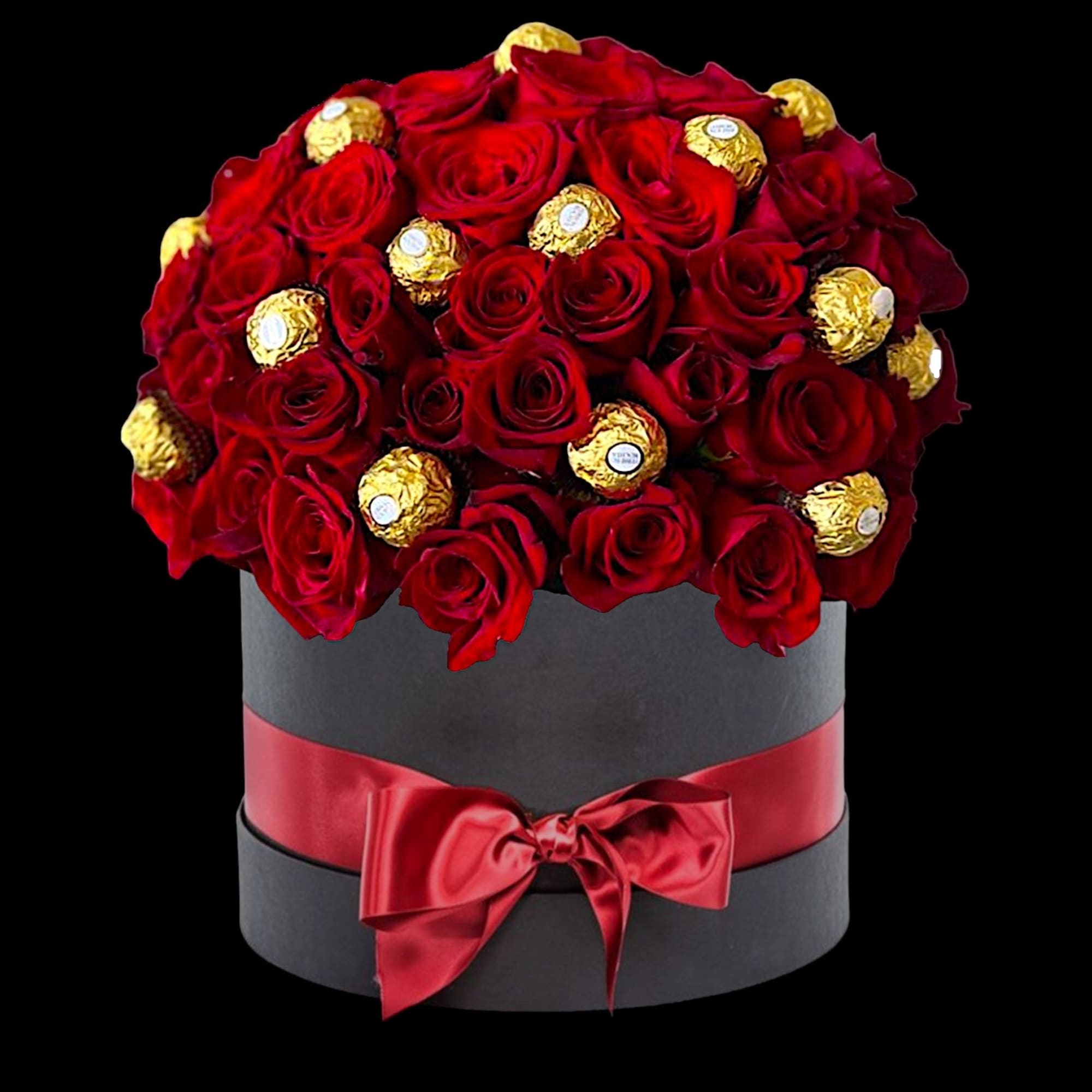 A modern flower arrangement in a cylinder box filled with roses &amp;