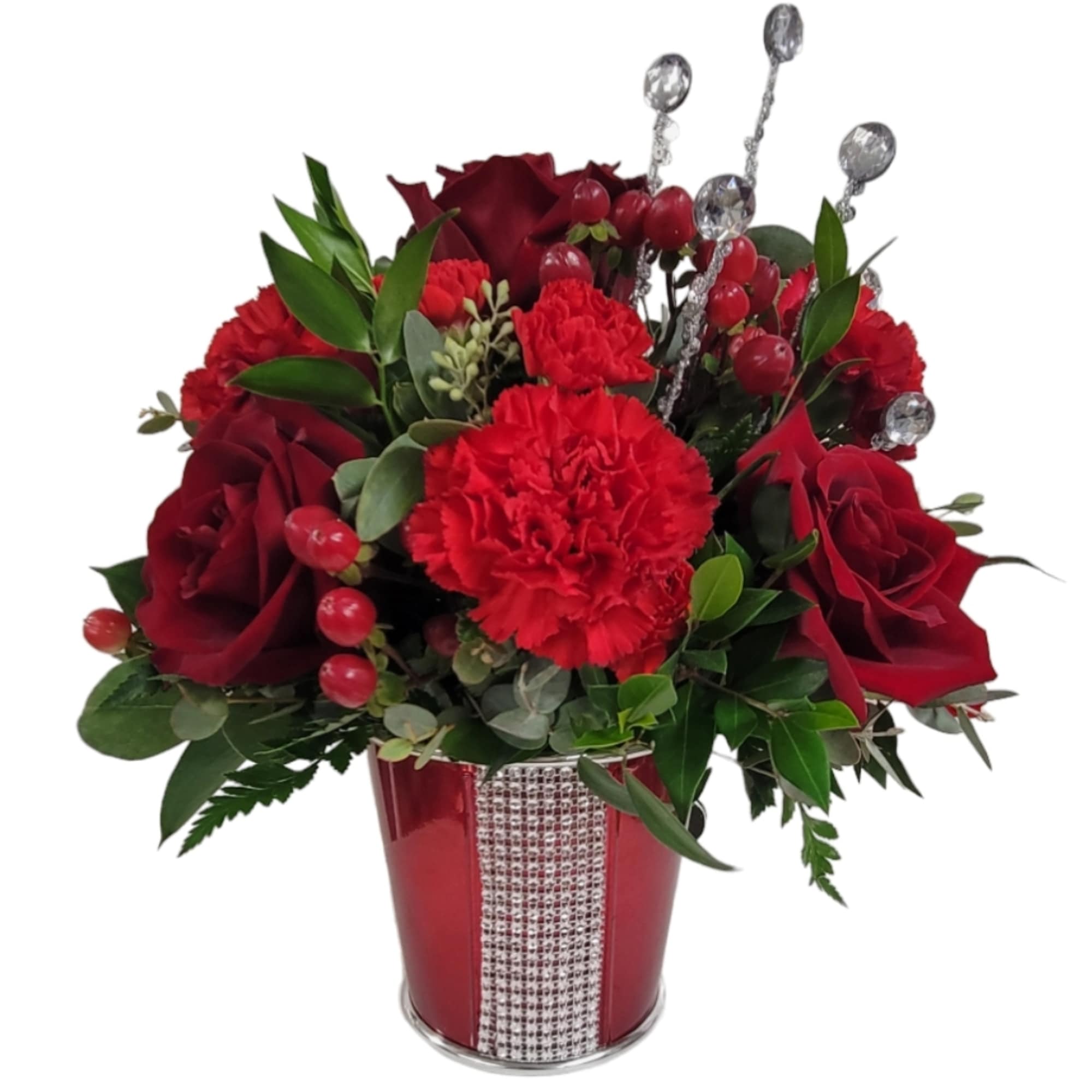 An all red arrangement consisting of roses, carnations, minicarnations and hypericum berries.