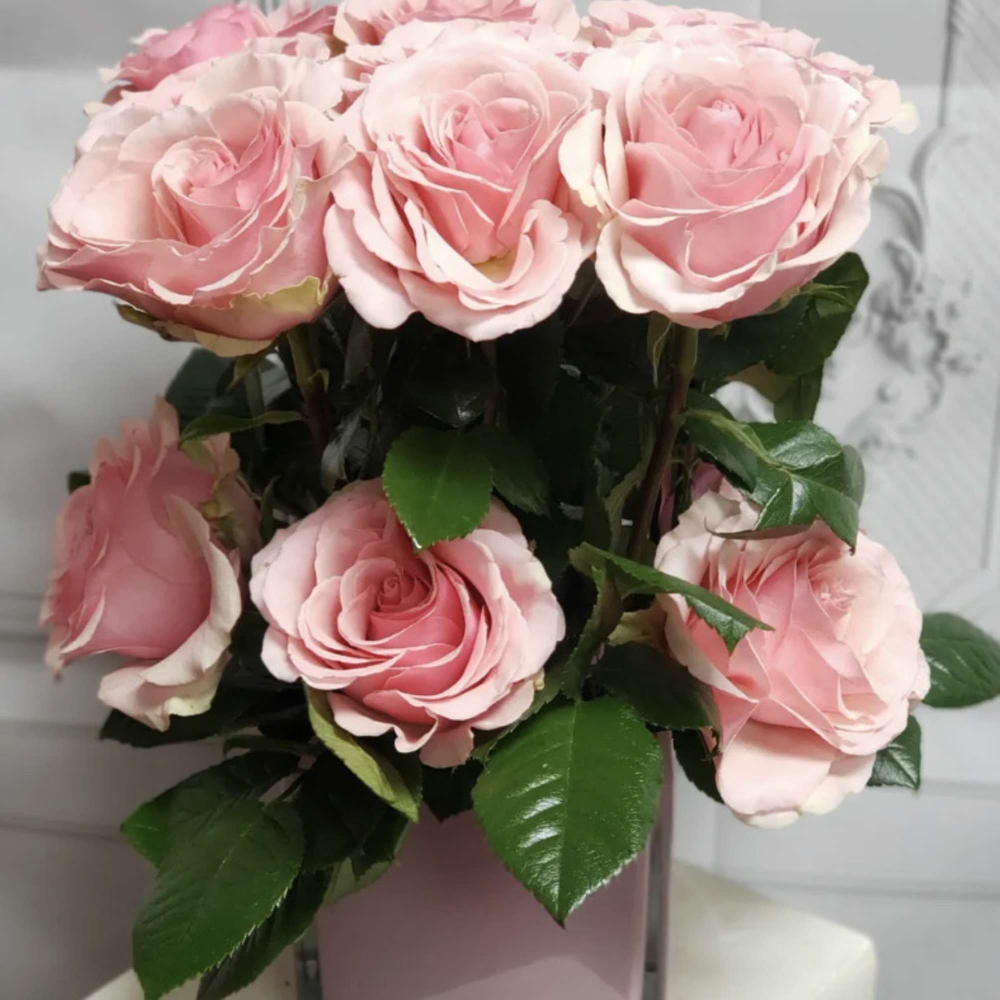 14 Fourteen Large Bloom Pink Roses placed elegantly in a Cubed Glass