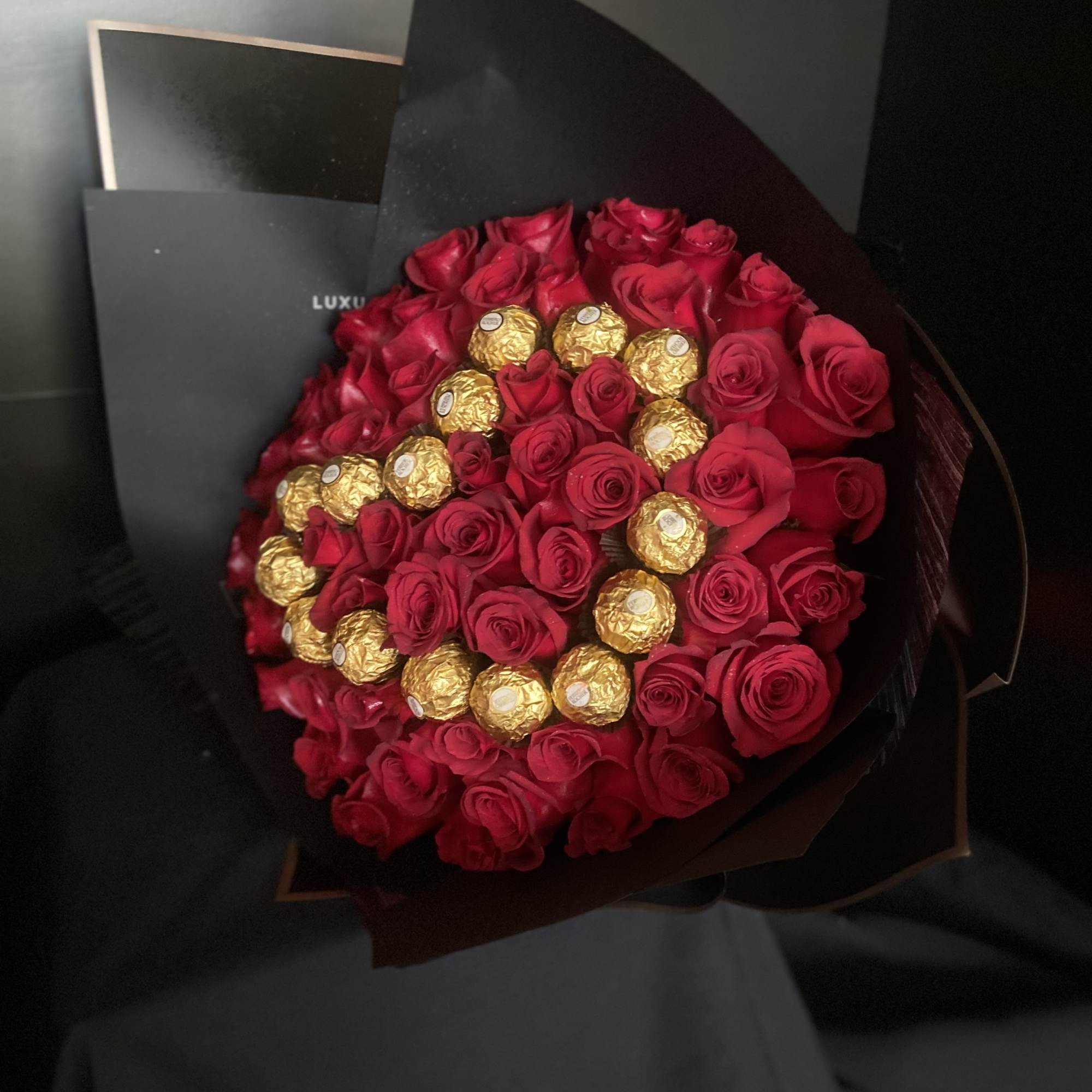 50 Red Roses, with Ferrero Chocolate Heart.