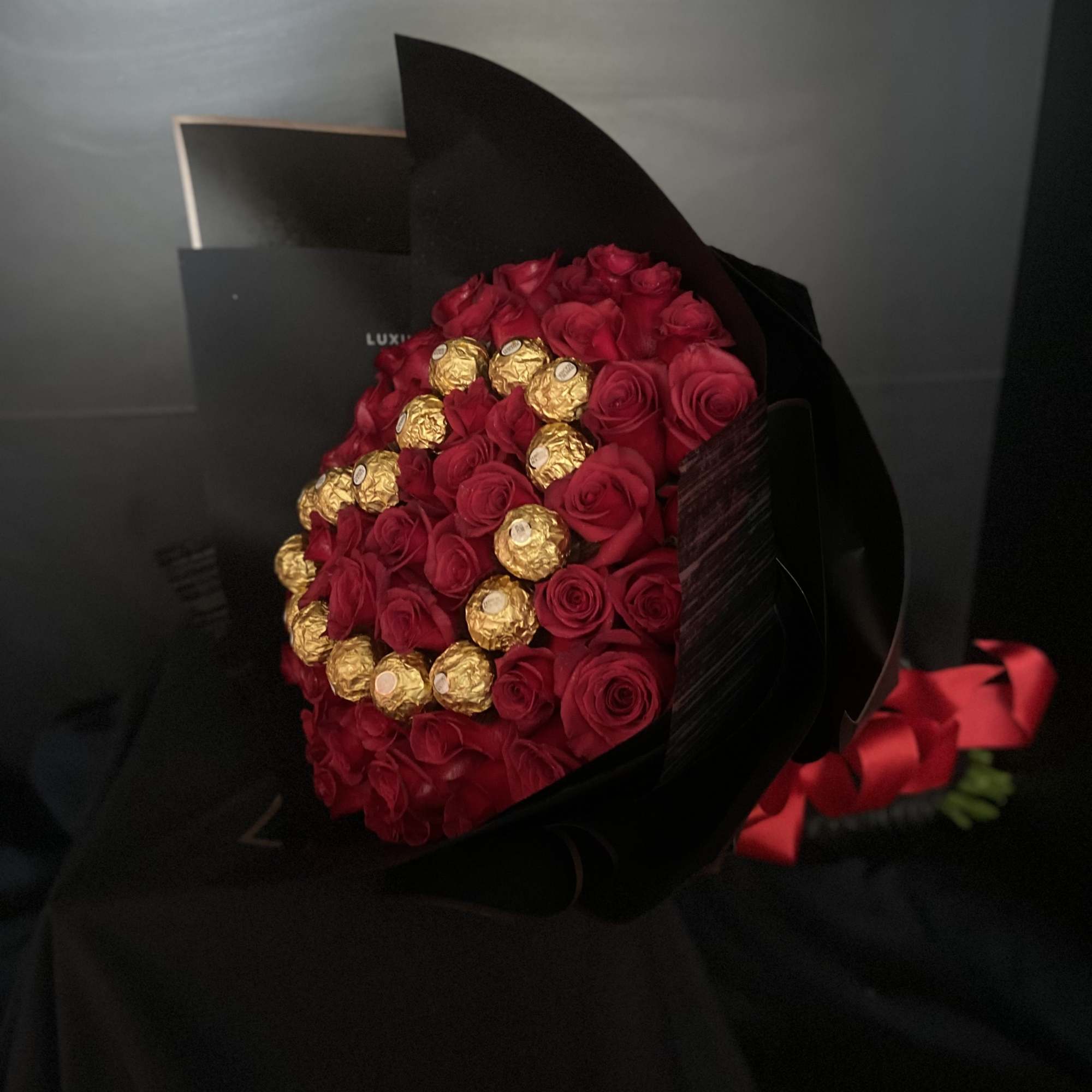 50 Red Roses, with Ferrero Chocolate Heart.
